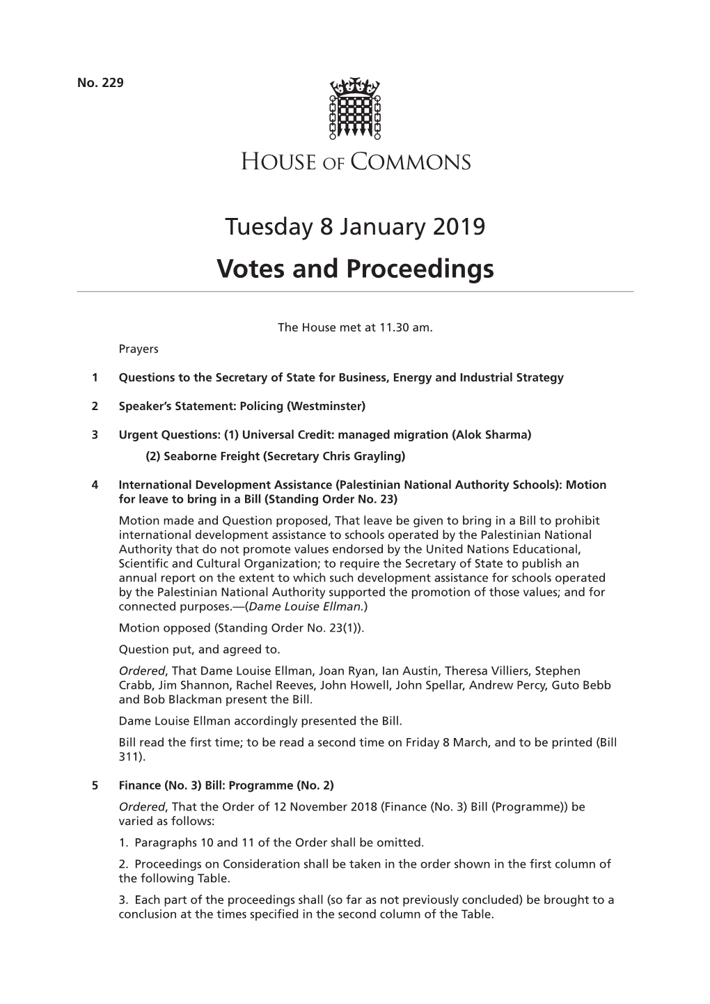 Votes and Proceedings 8 January 2019
