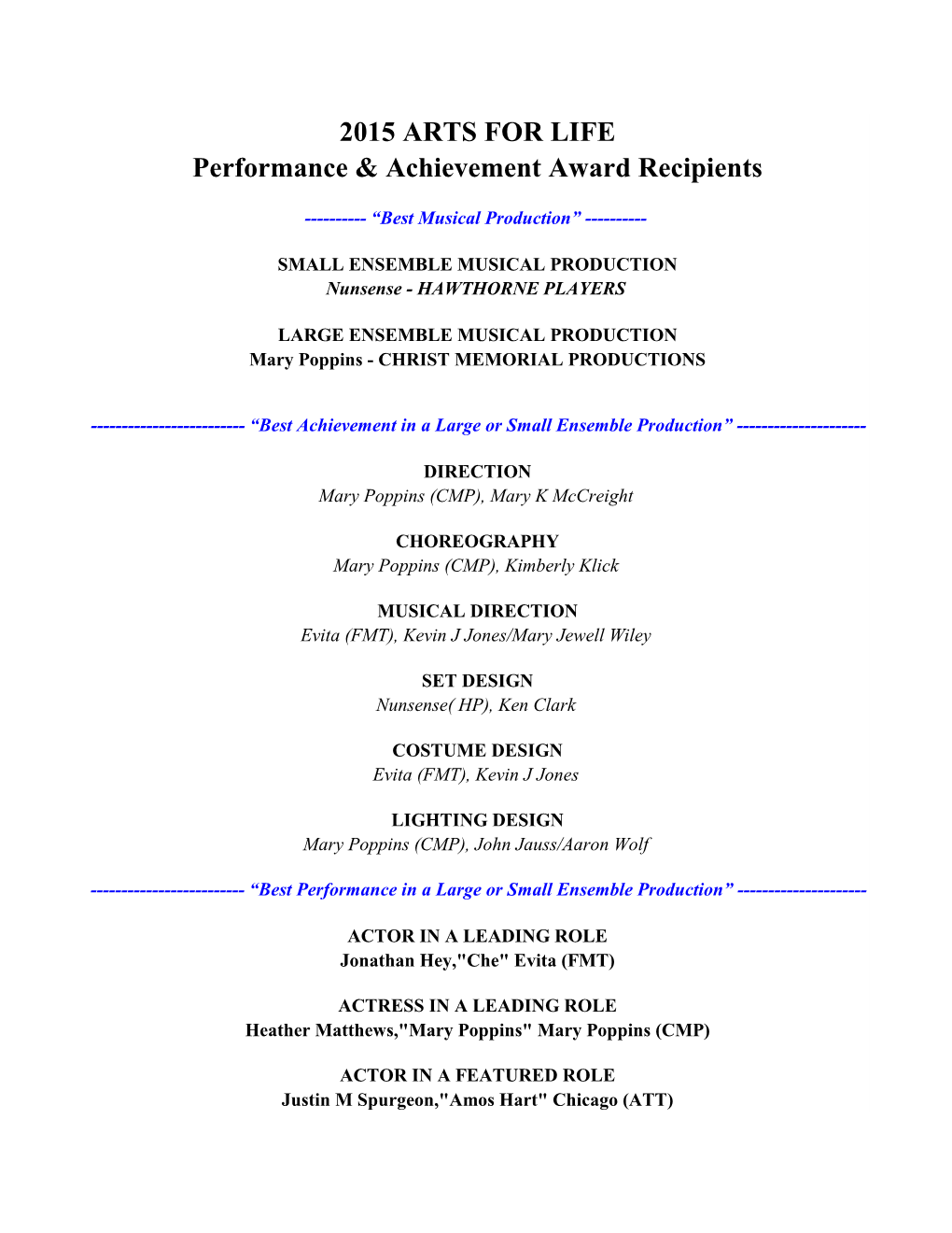 2015 ARTS for LIFE Performance & Achievement Award Recipients