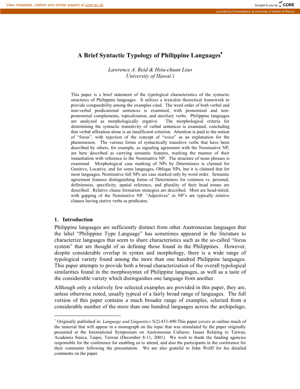 A Brief Syntactic Typology of Philippine Languages