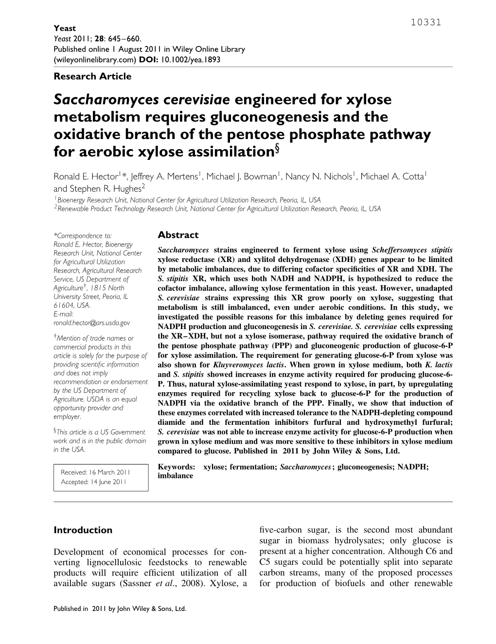 Saccharomyces Cerevisiae Engineered for Xylose Metabolism