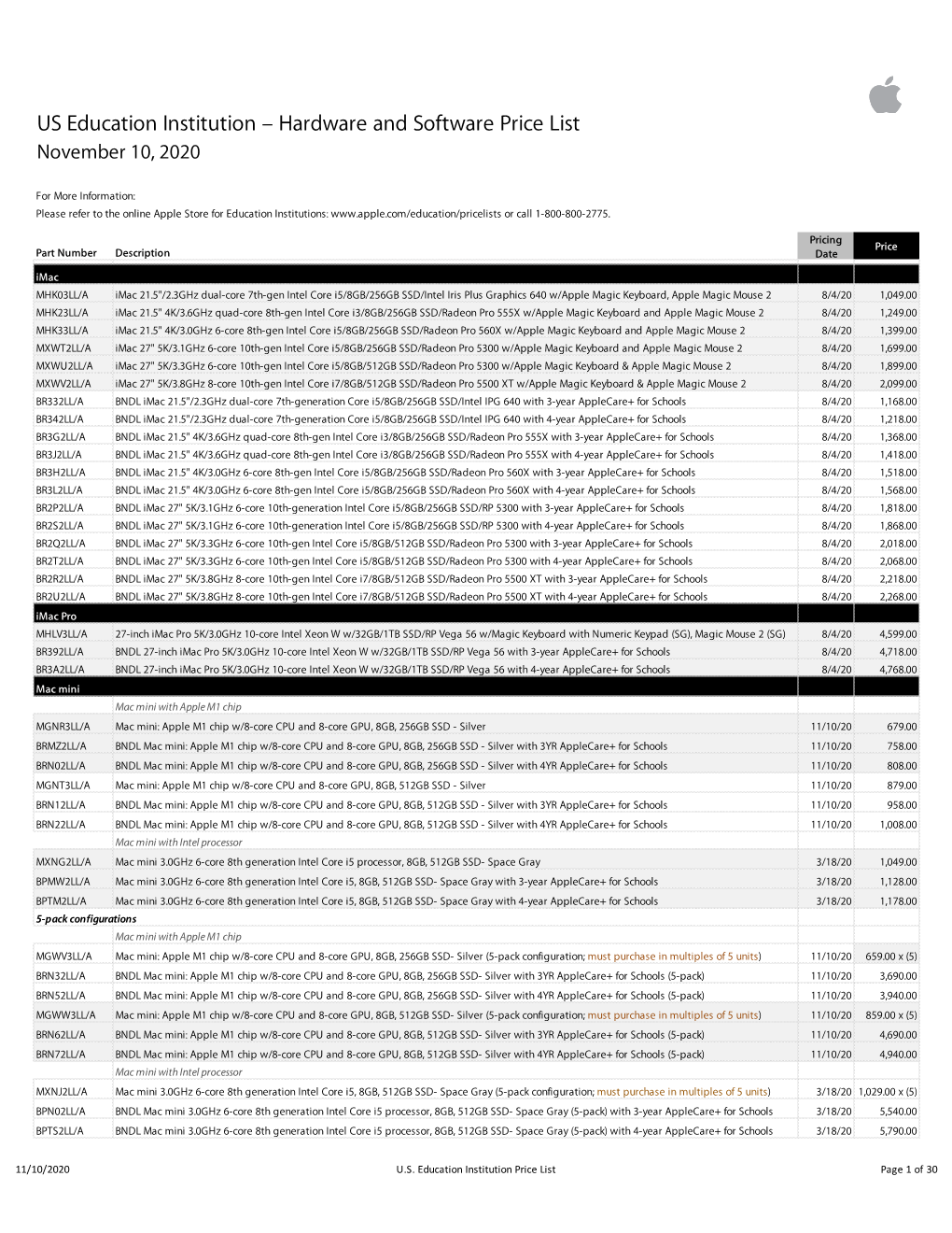 Apple US Education Price List