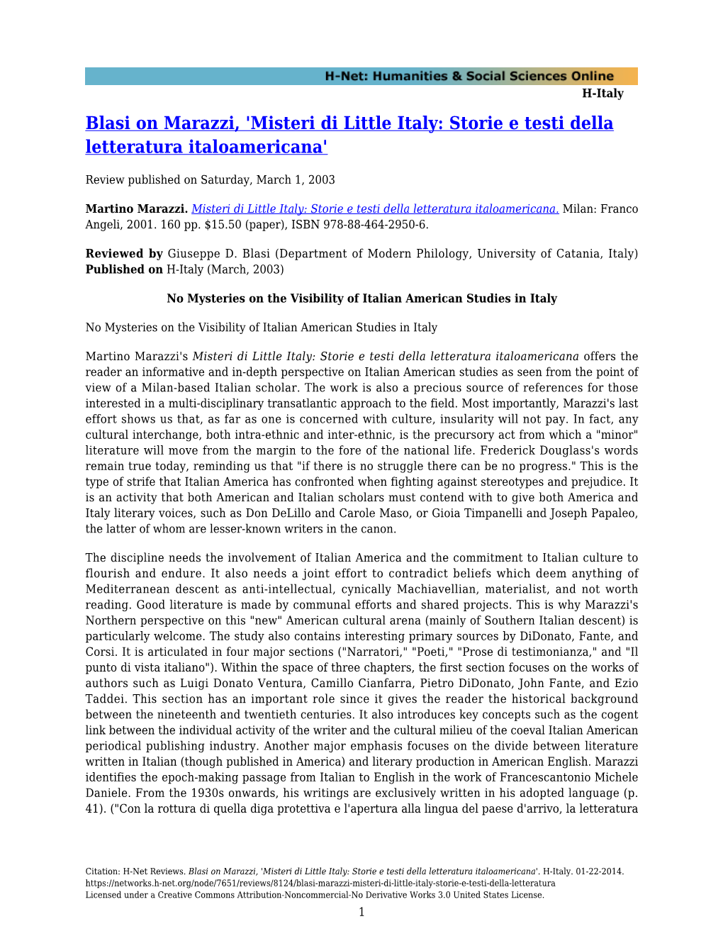Blasi on Marazzi, 'Misteri Di Little Italy: Storie E Testi Della Letteratura Italoamericana'