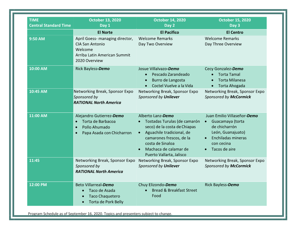 TIME Central Standard Time October 13, 2020 Day 1 October 14, 2020 Day 2 October 15, 2020 Day 3 El Norte El Pacifico El Centro 9