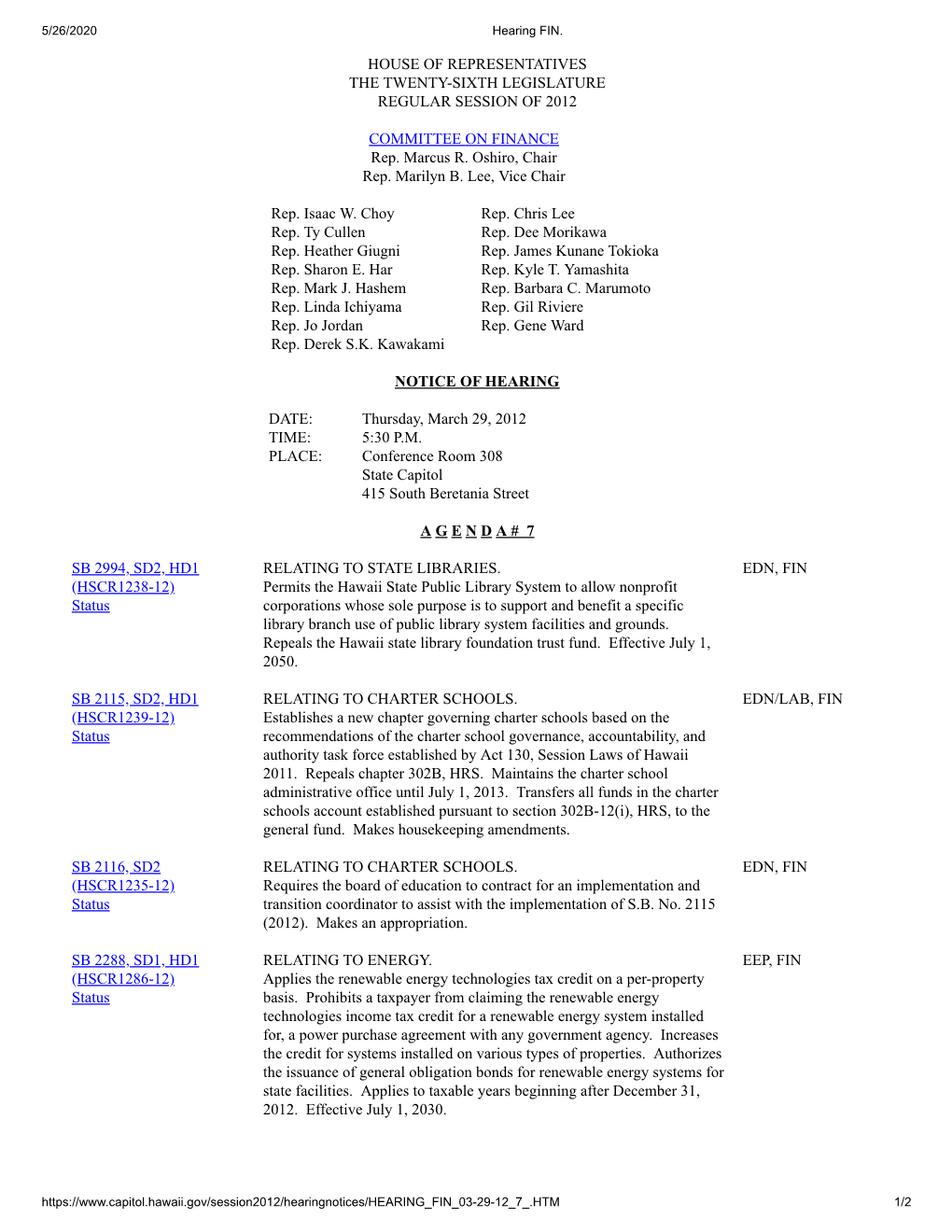 SB 2859 SD1 HD1 Hearing Notice