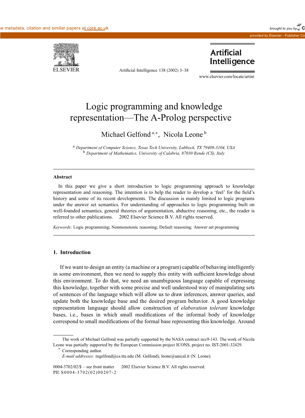 Logic Programming and Knowledge Representation—The A-Prolog Perspective ✩