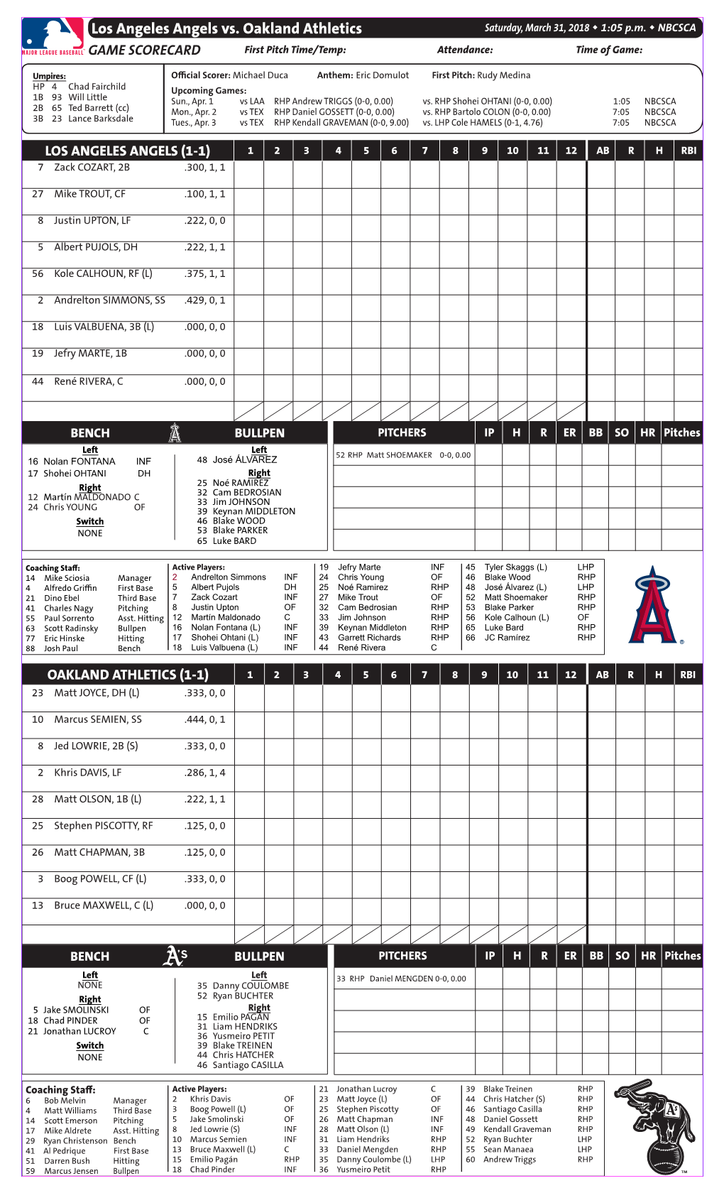 Los Angeles Angels Vs. Oakland Athletics Saturday, March 31, 2018 W 1:05 P.M