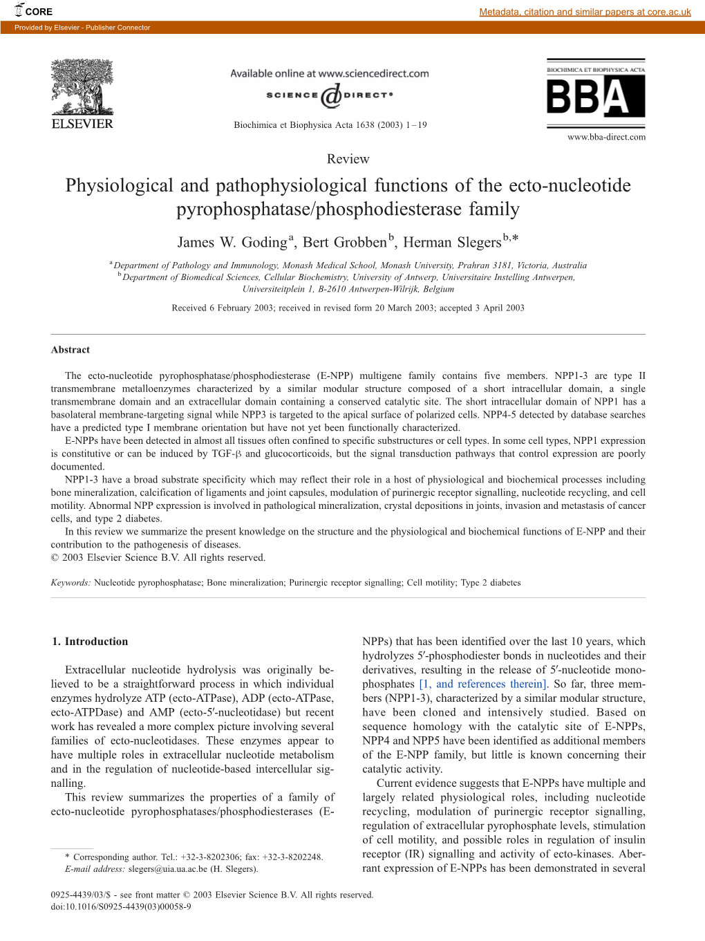 Physiological and Pathophysiological Functions of the Ecto-Nucleotide Pyrophosphatase/Phosphodiesterase Family