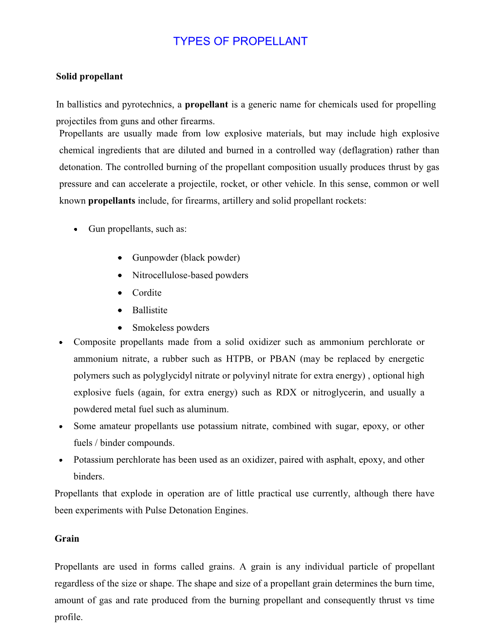 Types of Propellant