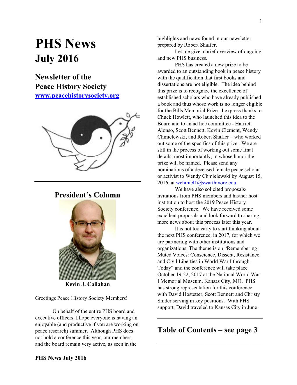 PHS News Prepared by Robert Shaffer