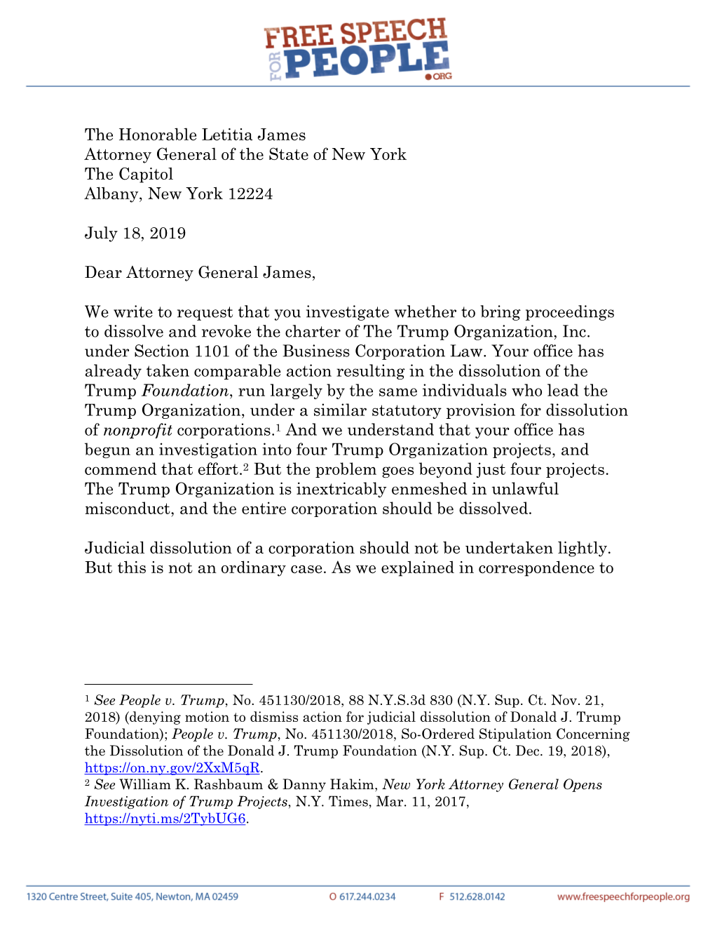 The Honorable Letitia James Attorney General of the State of New York the Capitol Albany, New York 12224