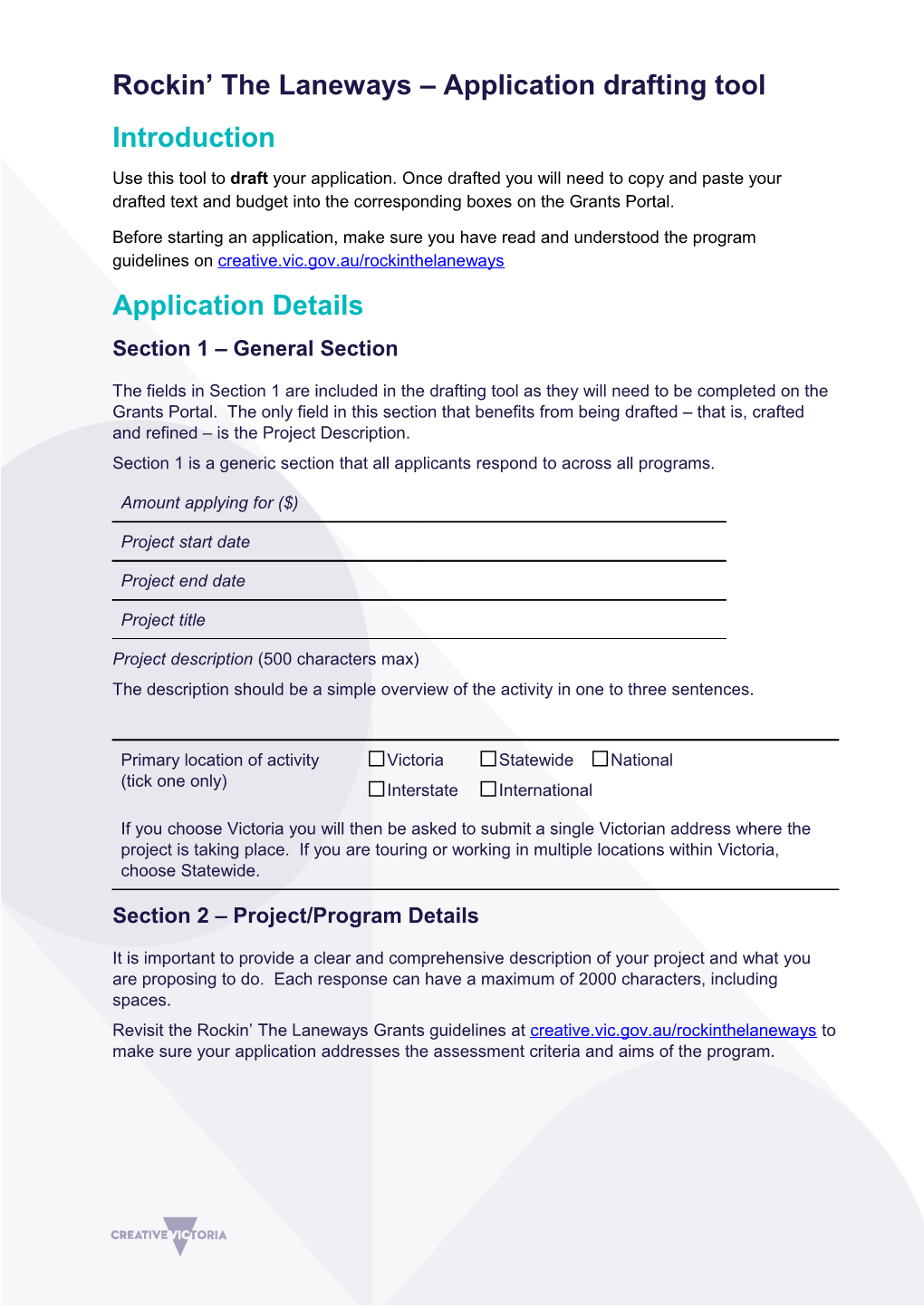 Rockin the Laneways Application Drafting Tool