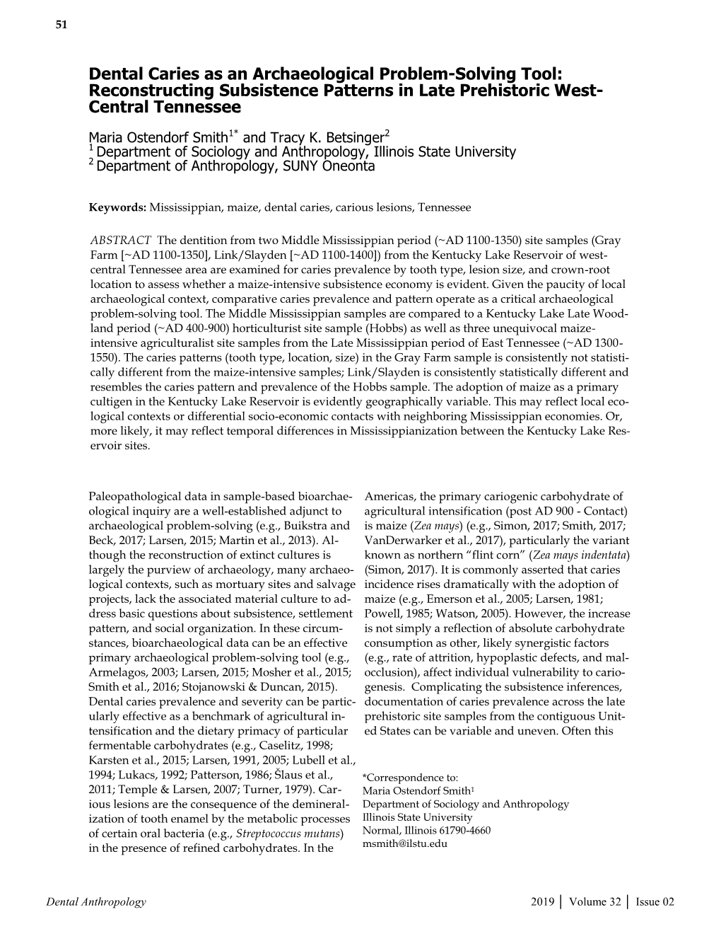 Dental Caries As an Archaeological Problem-Solving Tool: Reconstructing Subsistence Patterns in Late Prehistoric West- Central Tennessee