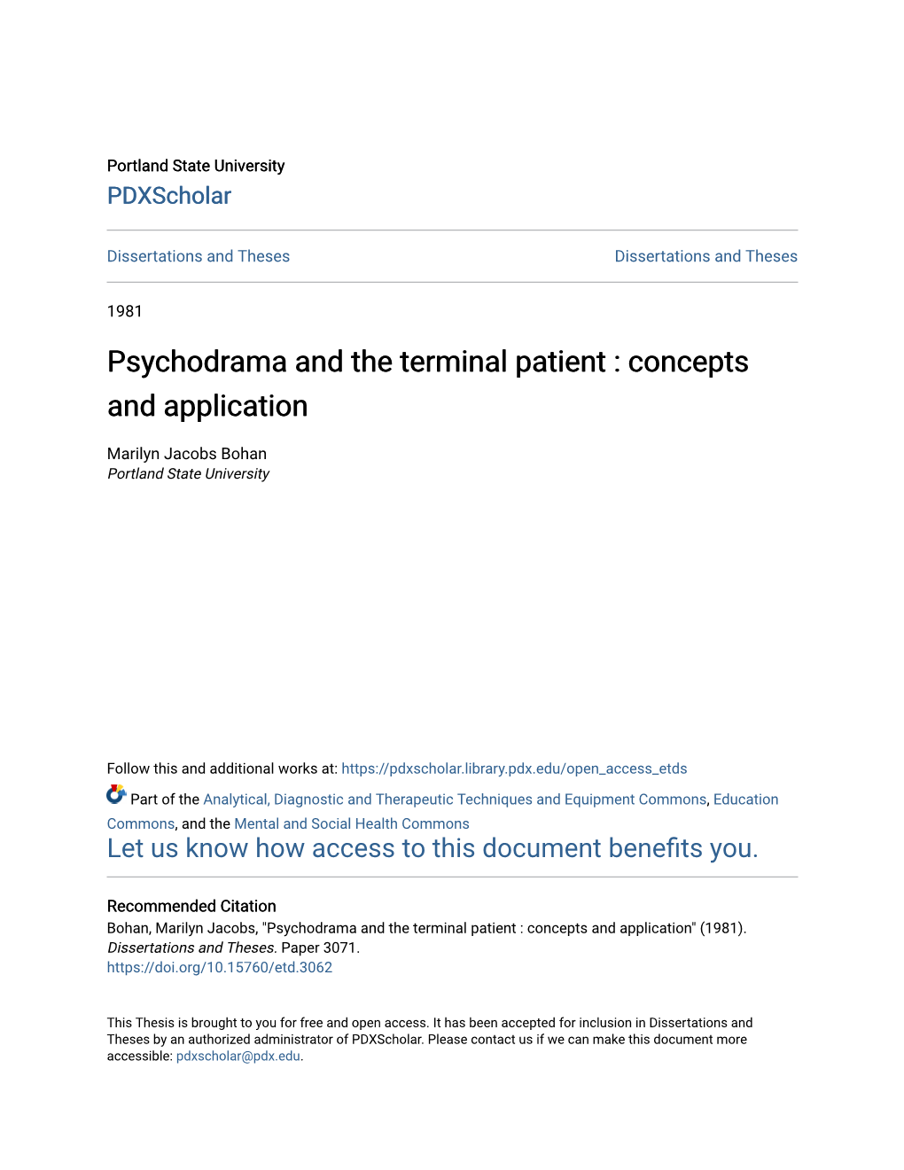 Psychodrama and the Terminal Patient : Concepts and Application