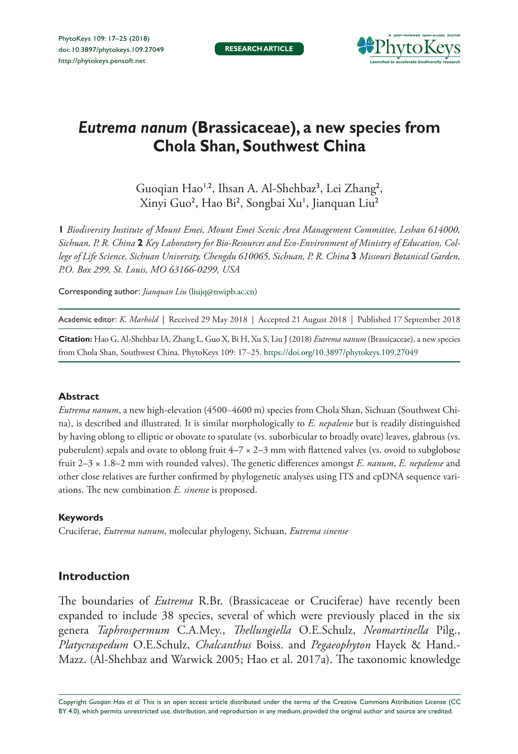 (Brassicaceae), a New Species from Chola Shan, Southwest China