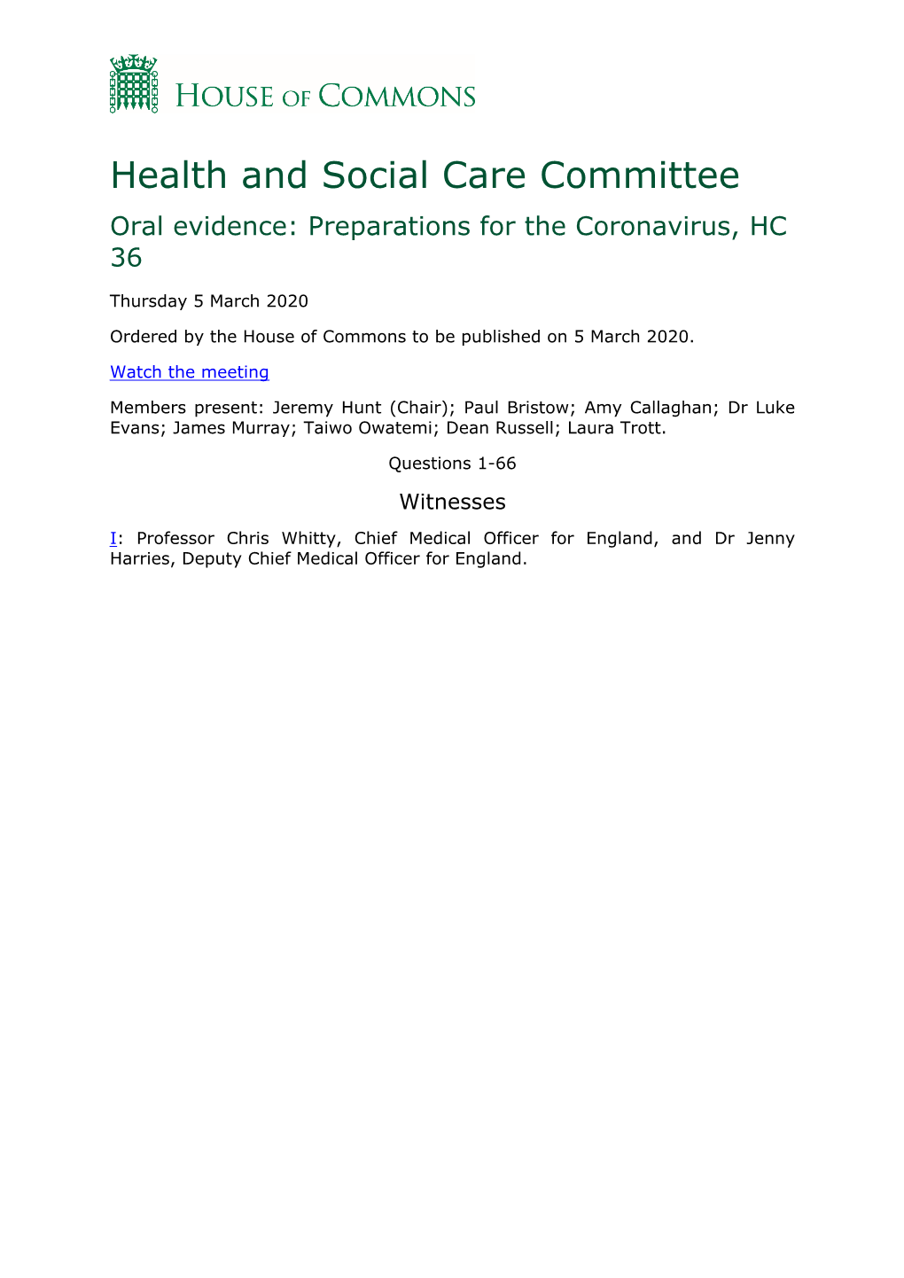 Health and Social Care Committee Oral Evidence: Preparations for the Coronavirus, HC 36