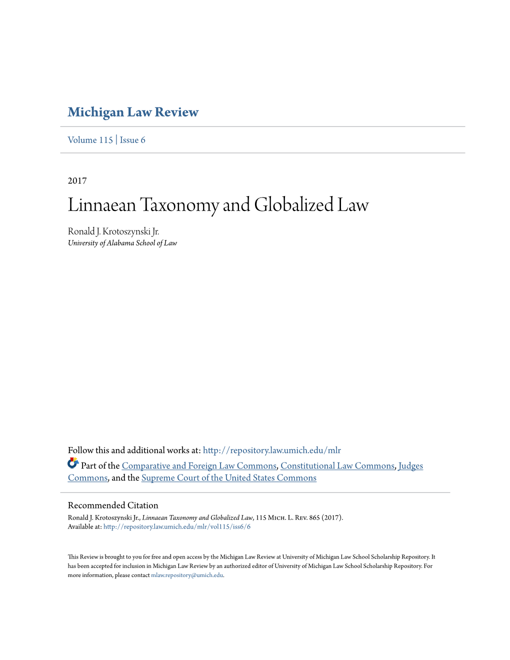 Linnaean Taxonomy and Globalized Law Ronald J