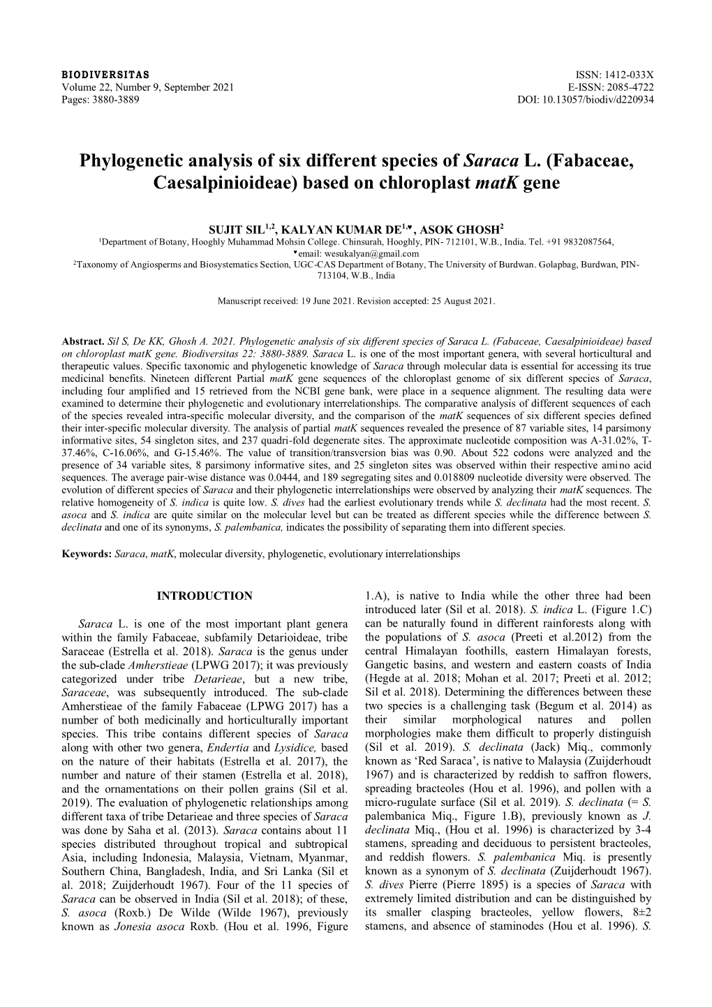 Phylogenetic Analysis of Six Different Species of Saraca L. (Fabaceae, Caesalpinioideae) Based on Chloroplast Matk Gene