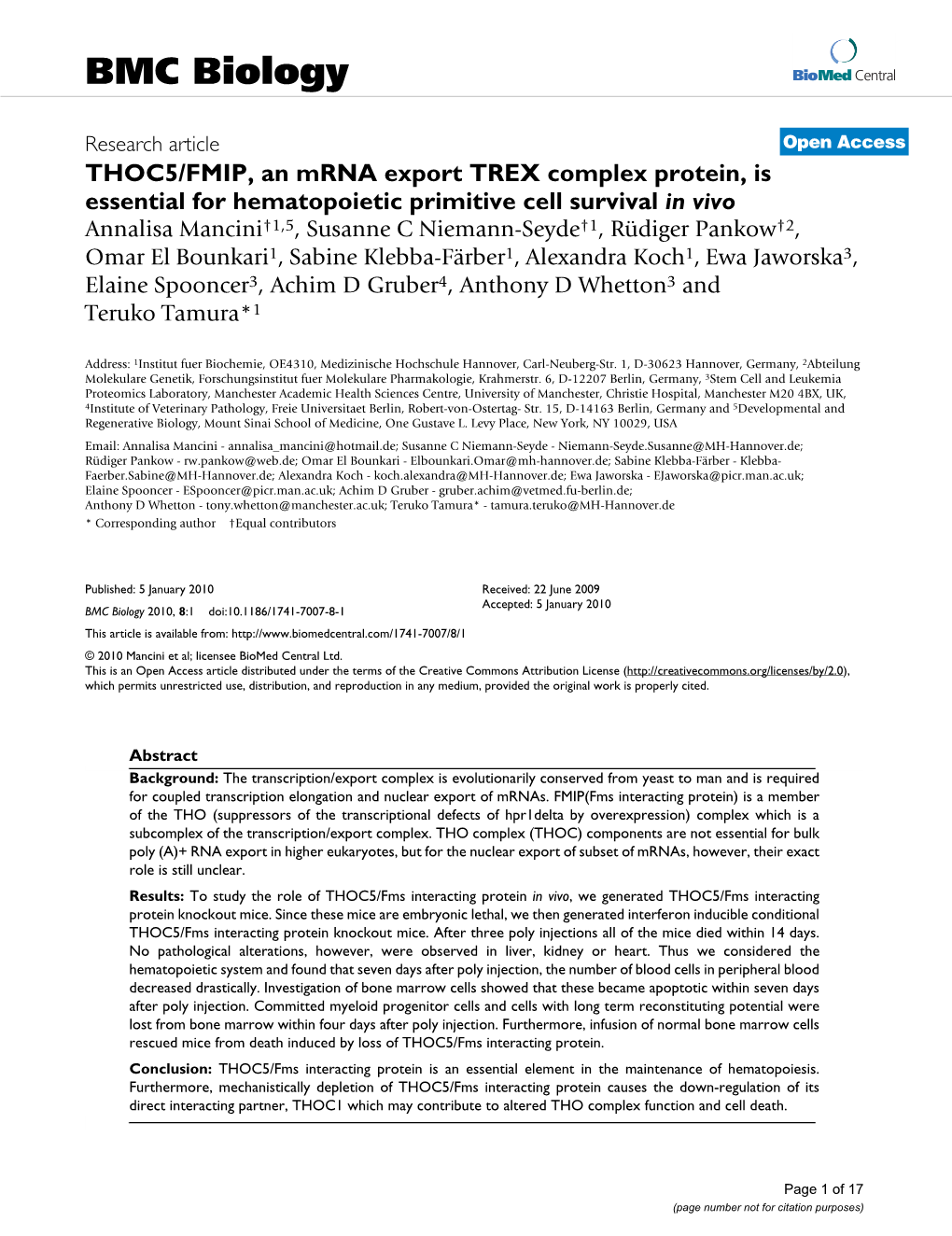 THOC5/FMIP, an Mrna Export TREX Complex Protein, Is Essential For
