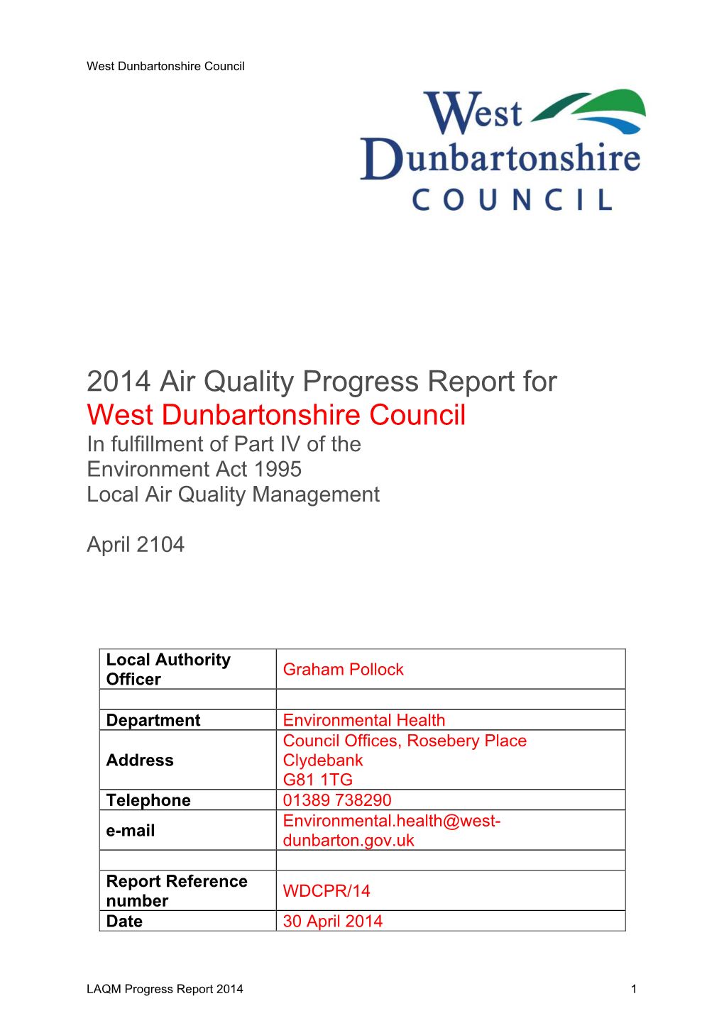 Progress Report 2014 1 West Dunbartonshire Council