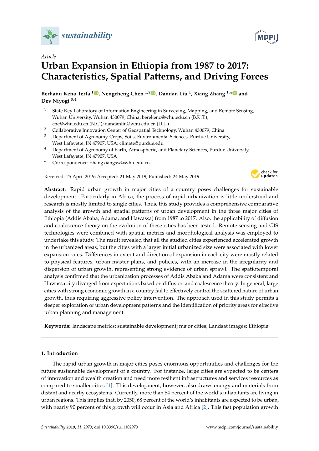 Urban Expansion in Ethiopia from 1987 to 2017: Characteristics, Spatial Patterns, and Driving Forces