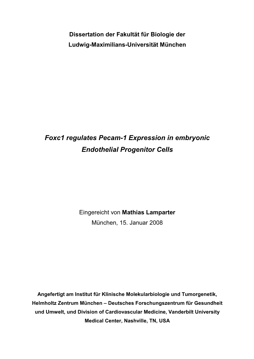 Foxc1 Regulates Pecam-1 Expression in Embryonic Endothelial Progenitor Cells