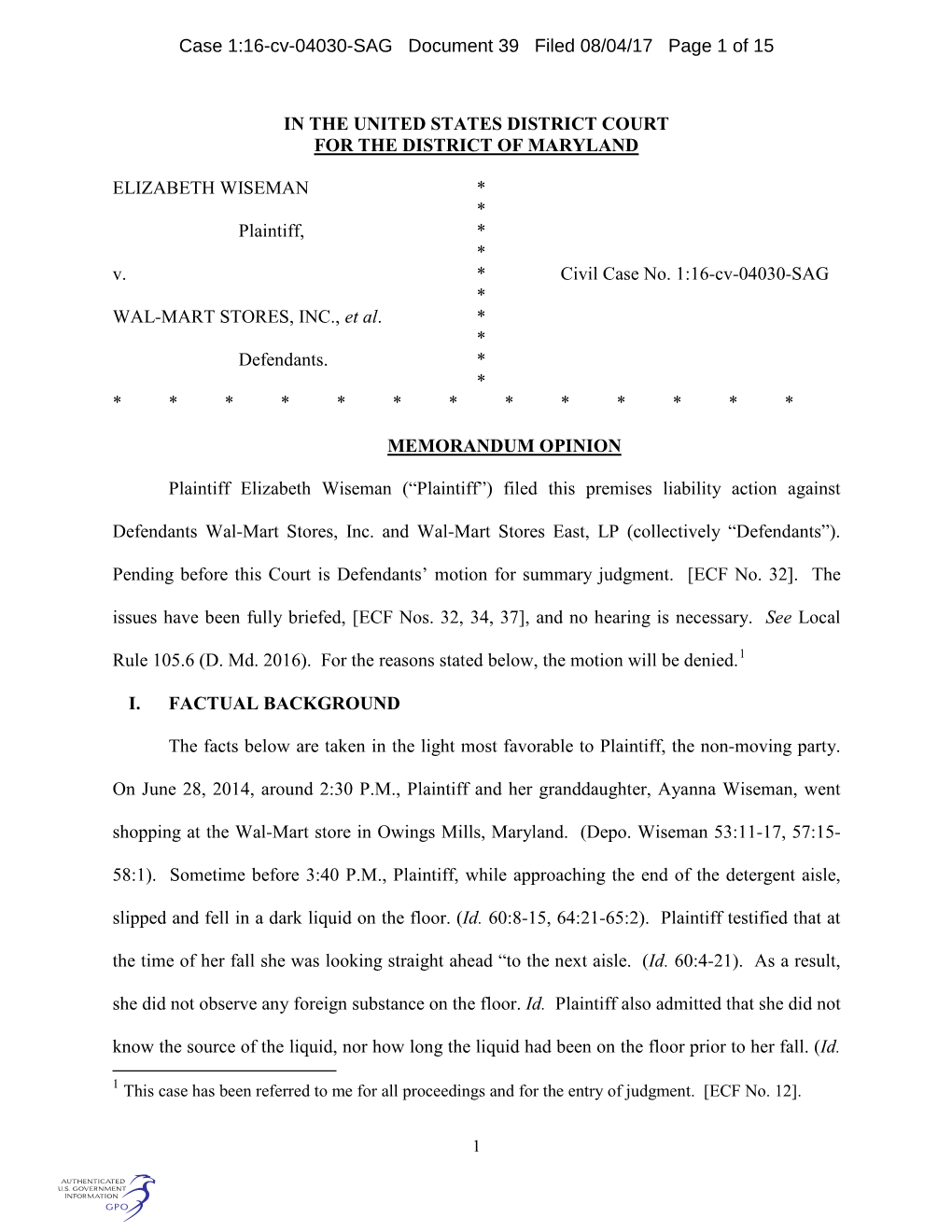 Case 1:16-Cv-04030-SAG Document 39 Filed 08/04/17 Page 1 of 15