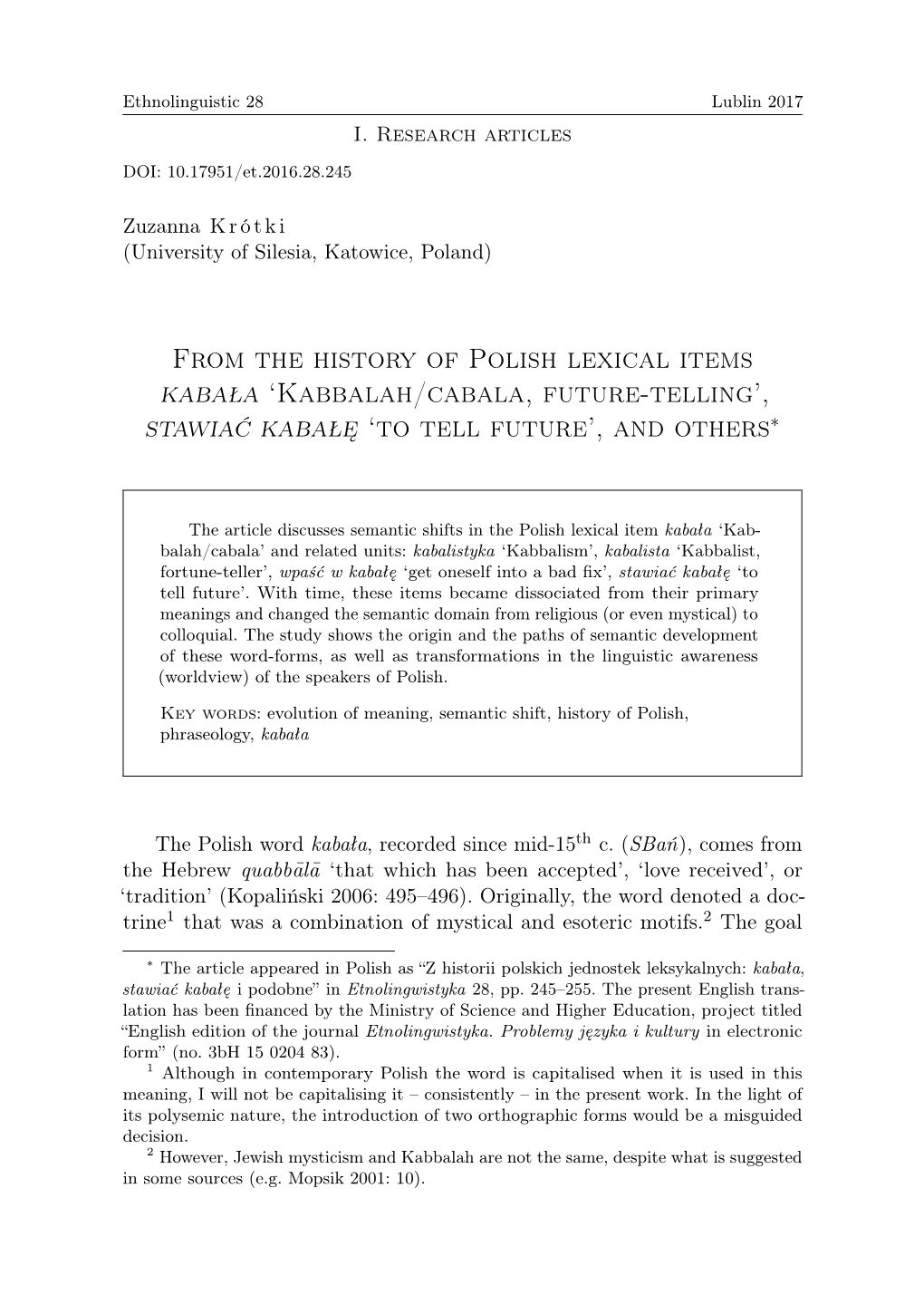 From the History of Polish Lexical Items Kabała 'Kabbalah/Cabala, Future-Telling'