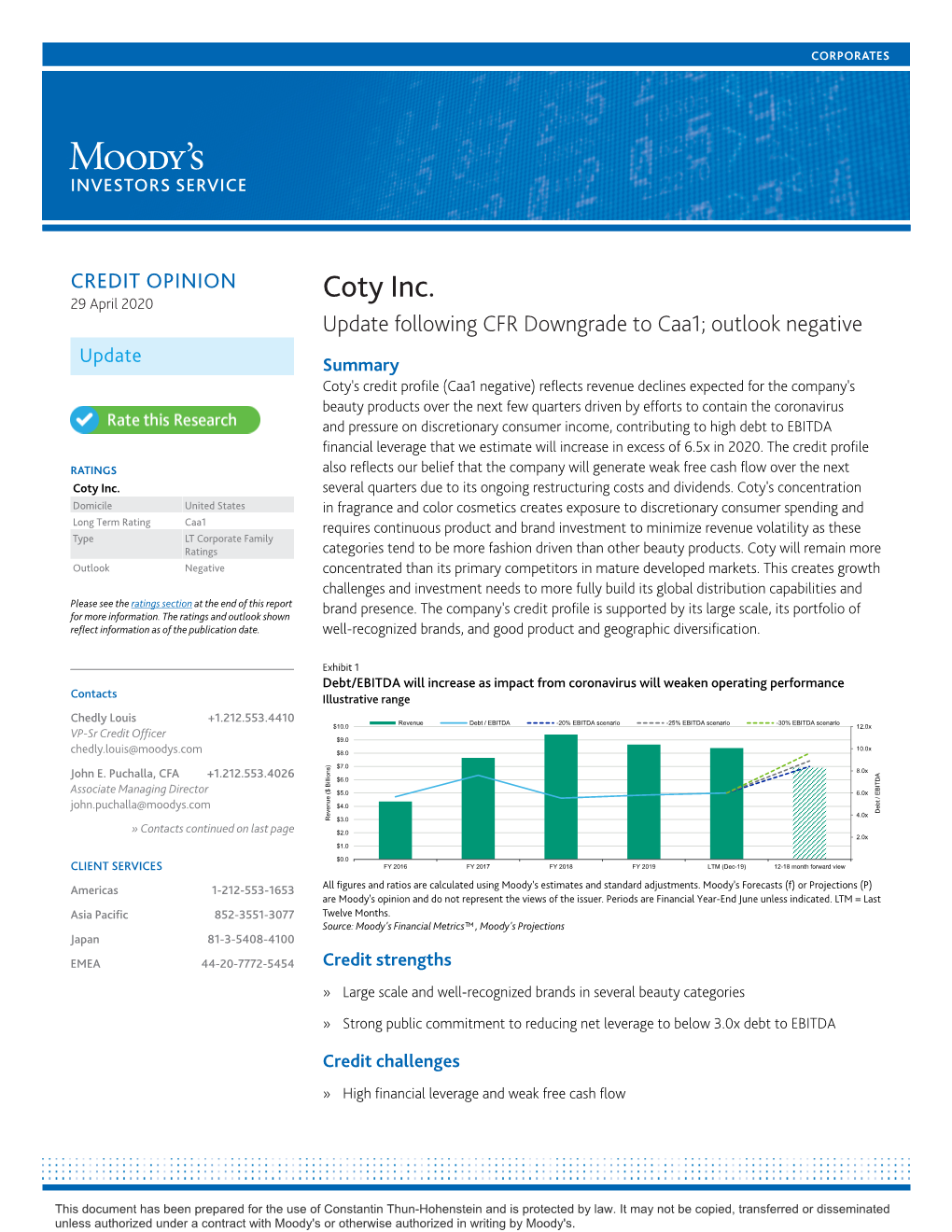 Coty Inc. 29 April 2020 Update Following CFR Downgrade to Caa1; Outlook Negative