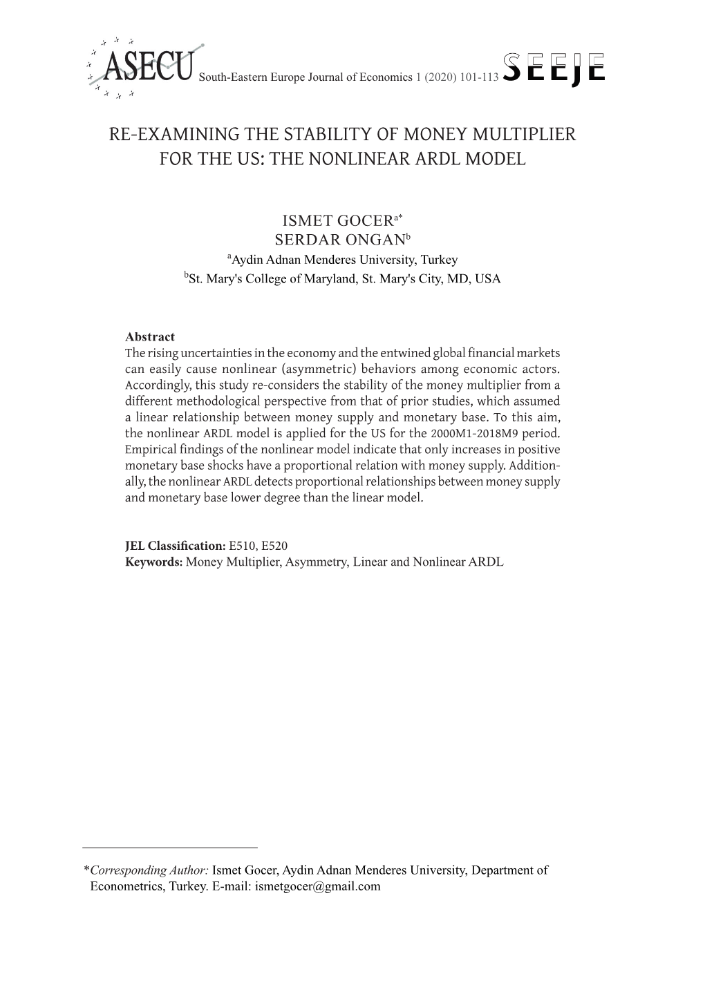 Re-Examining the Stability of Money Multiplier for the Us: the Nonlinear Ardl Model