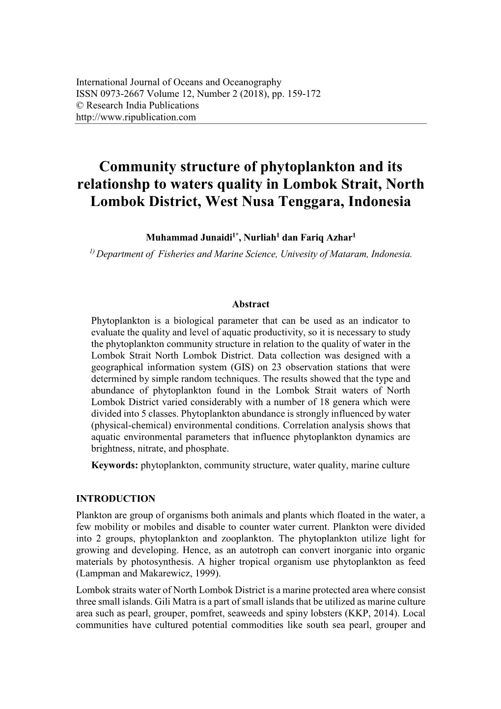 Community Structure of Phytoplankton and Its Relationshp to Waters Quality in Lombok Strait, North Lombok District, West Nusa Tenggara, Indonesia