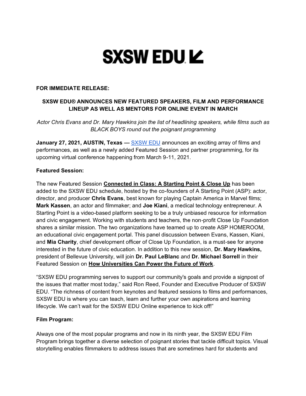 Sxsw Edu® Announces New Featured Speakers, Film and Performance Lineup As Well As Mentors for Online Event in March