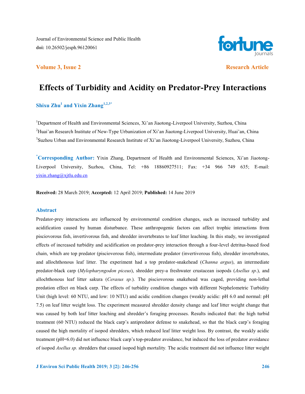 Effects of Turbidity and Acidity on Predator-Prey Interactions