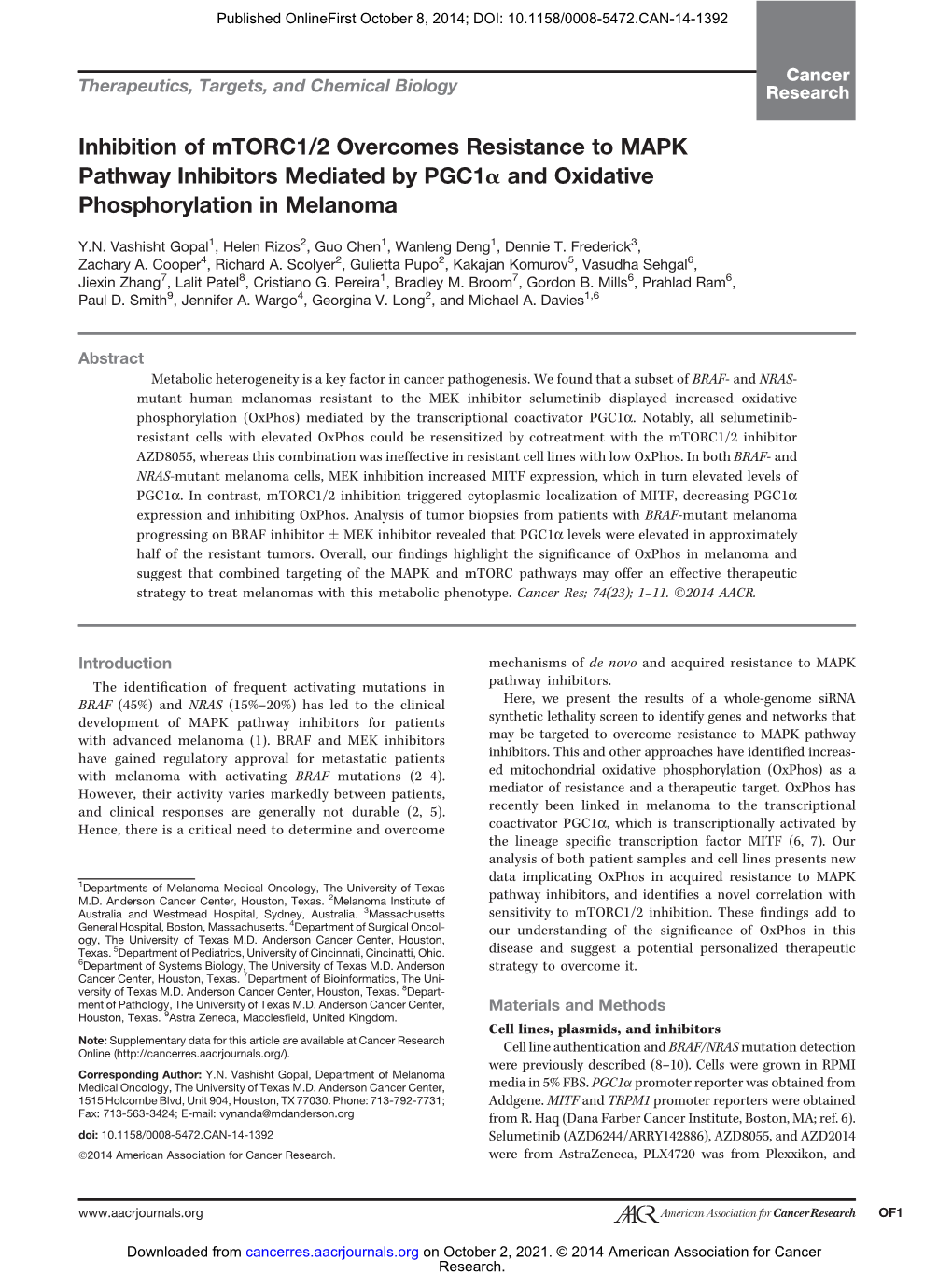 Inhibition of Mtorc1/2 Overcomes Resistance to MAPK Pathway Inhibitors Mediated by Pgc1a and Oxidative Phosphorylation in Melanoma