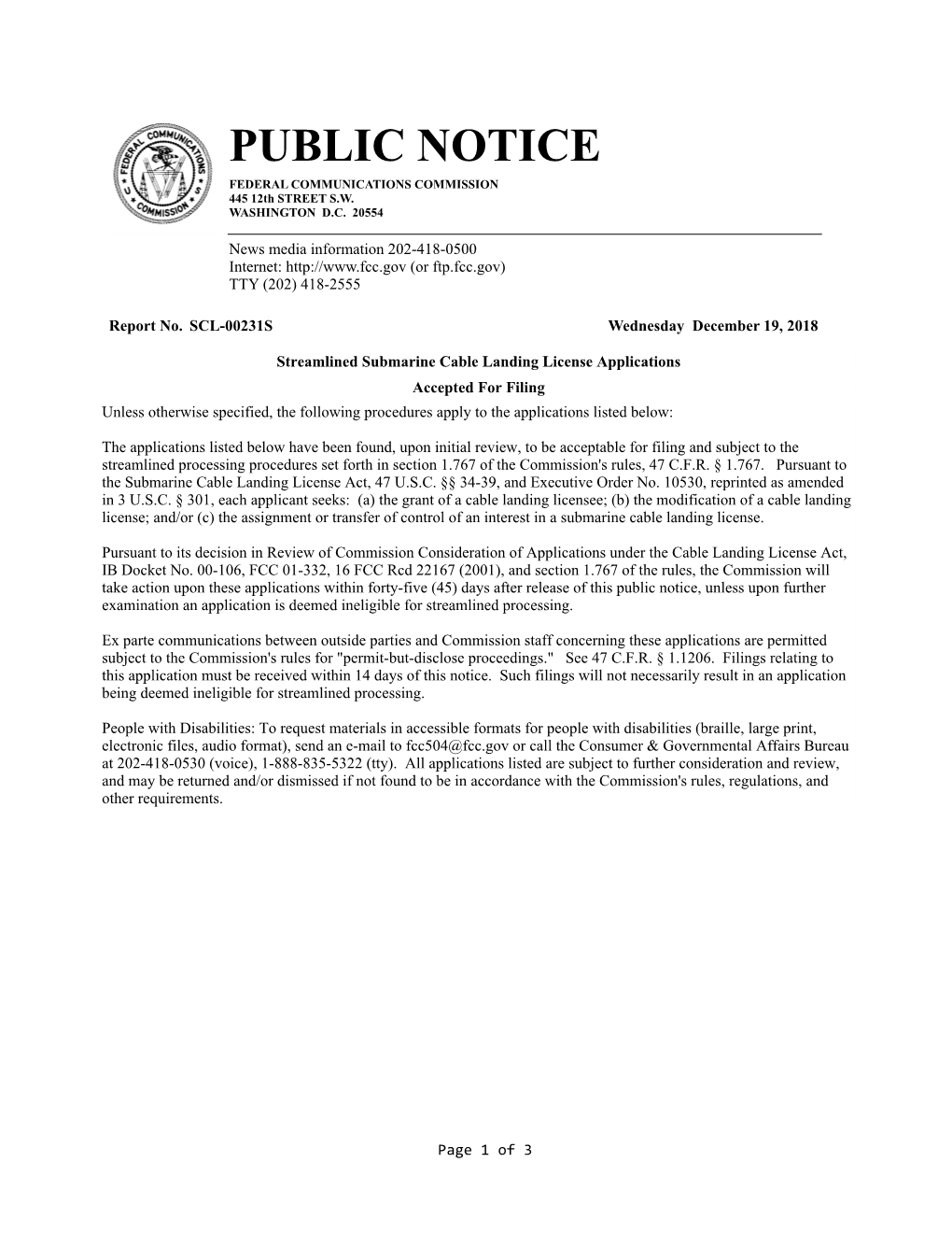 PUBLIC NOTICE FEDERAL COMMUNICATIONS COMMISSION 445 12Th STREET S.W