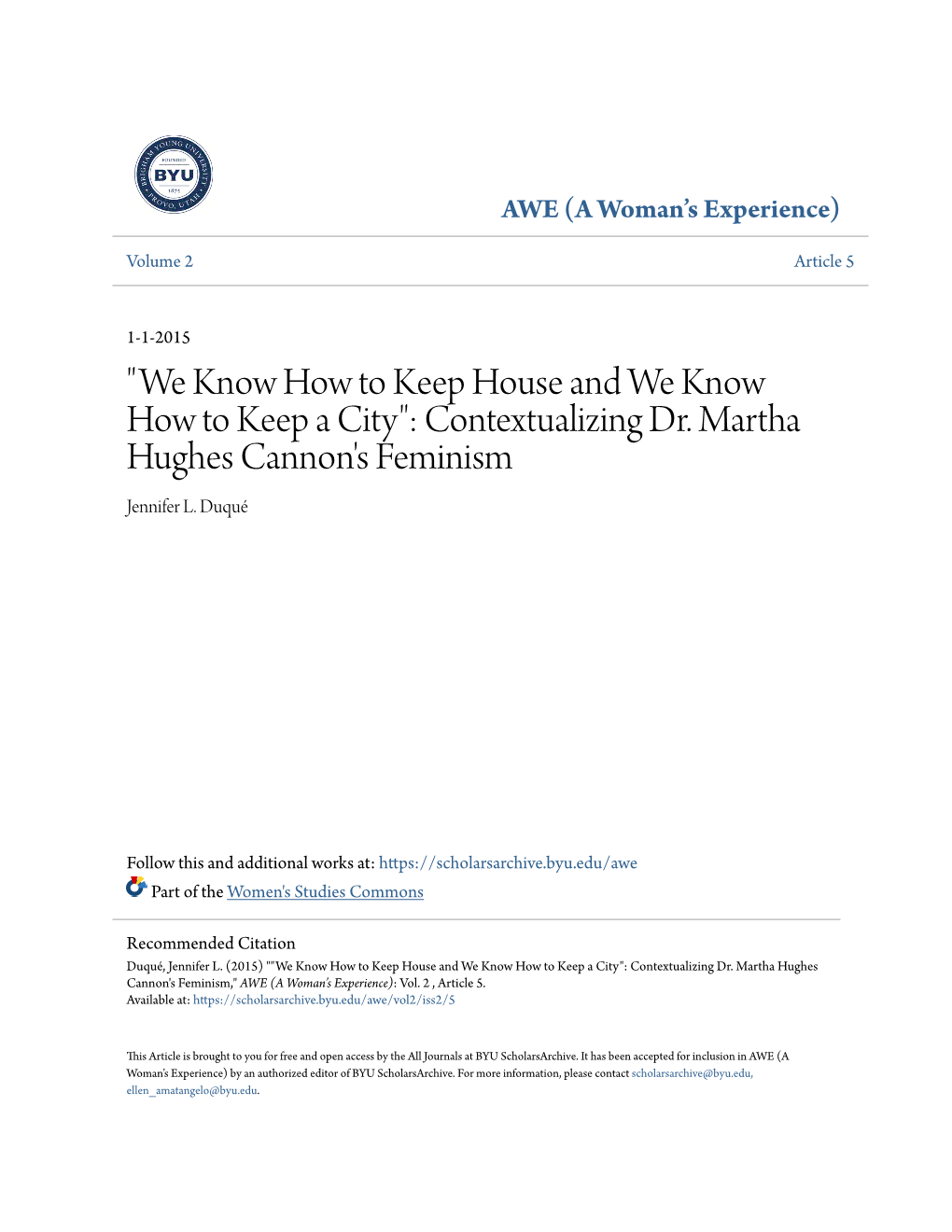 Contextualizing Dr. Martha Hughes Cannon's Feminism Jennifer L