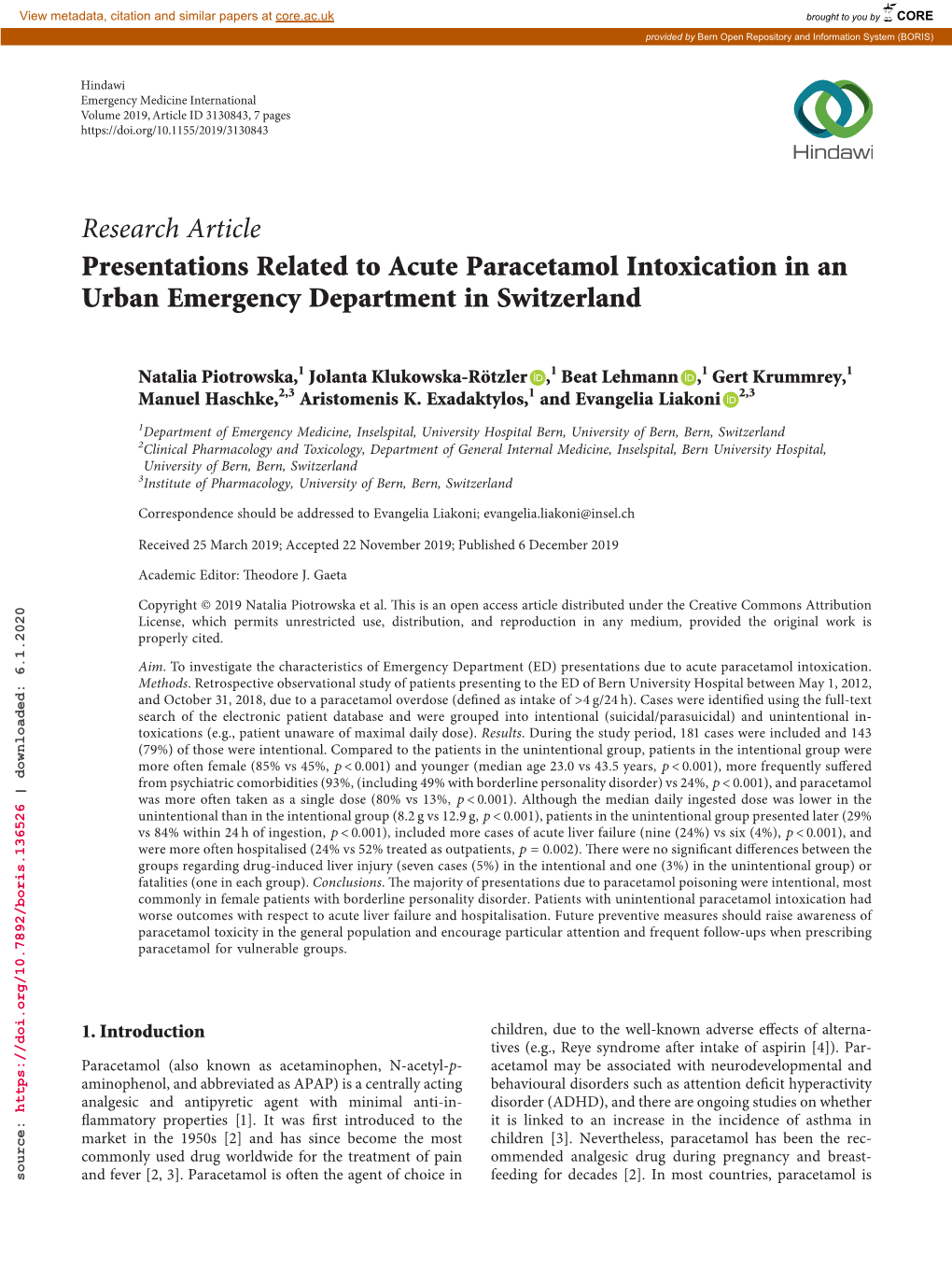 Research Article Presentations Related to Acute Paracetamol Intoxication in an Urban Emergency Department in Switzerland