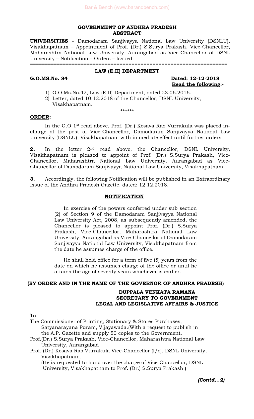 Damodaram Sanjivayya National Law University (DSNLU), Visakhapatnam – Appointment of Prof