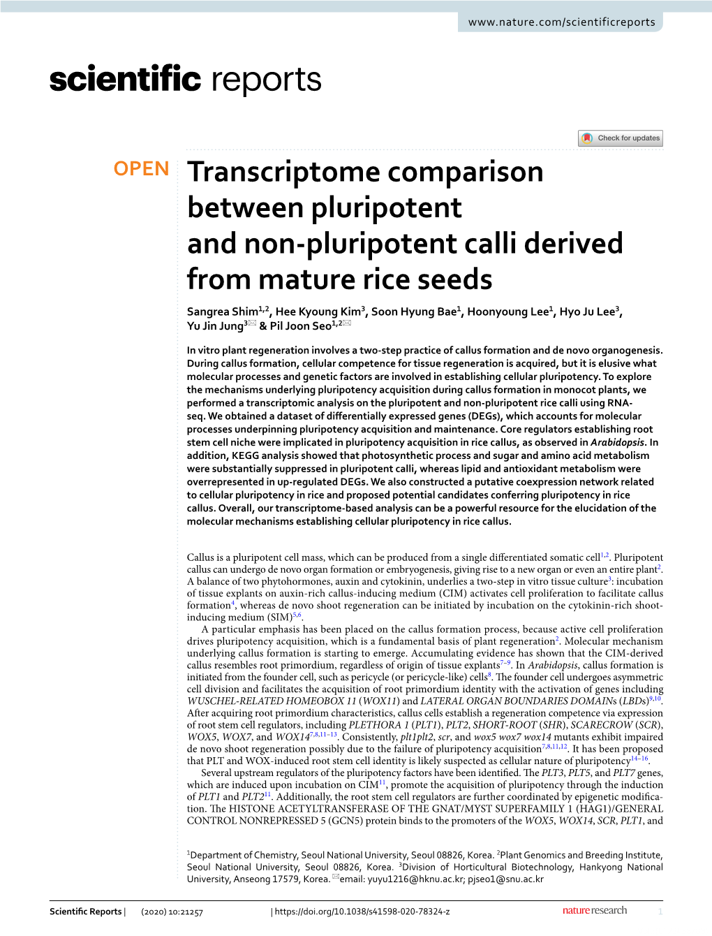 Transcriptome Comparison Between Pluripotent and Non-Pluripotent Calli Derived from Mature Rice Seeds