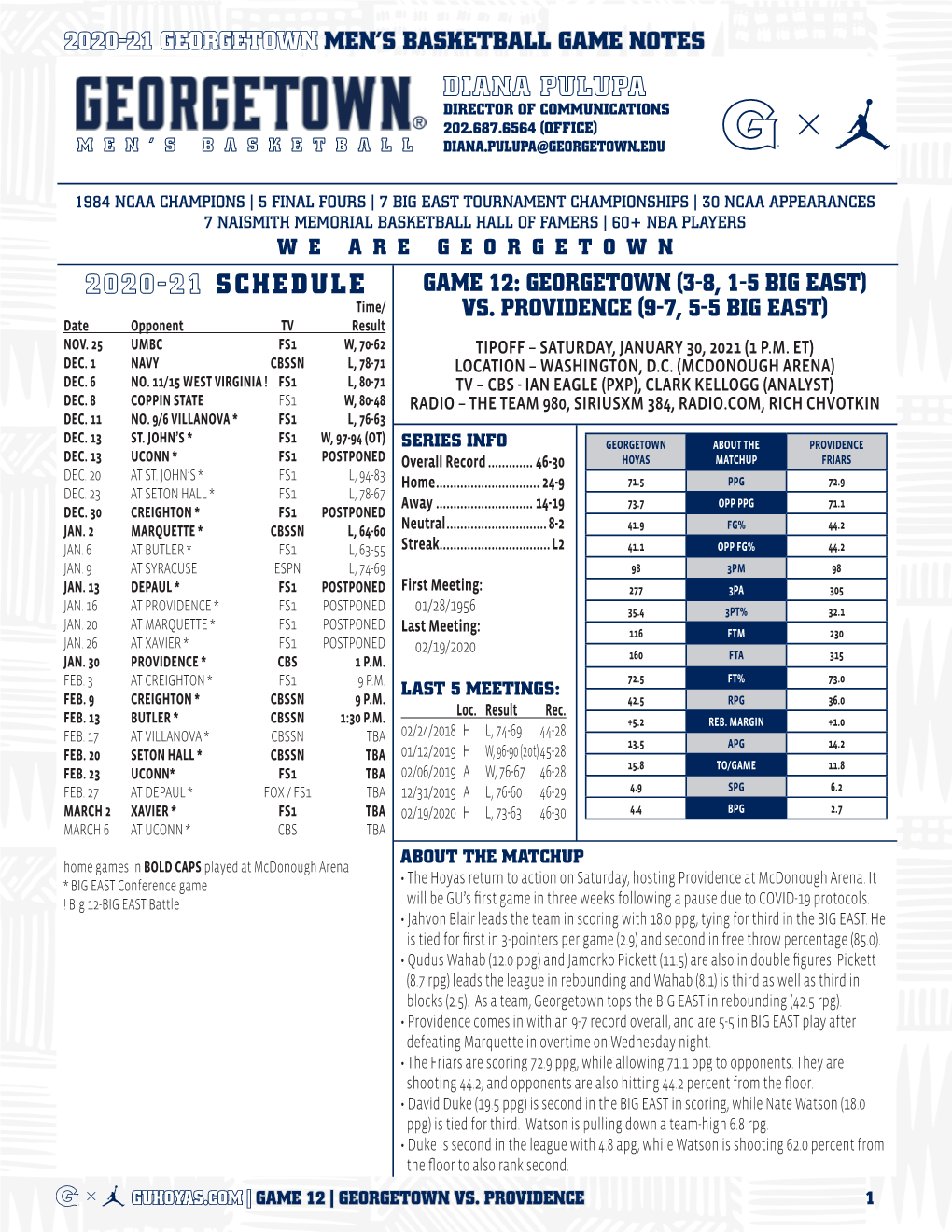 2020-21 Georgetown Men's Basketball Game Notes Patrick Ewing