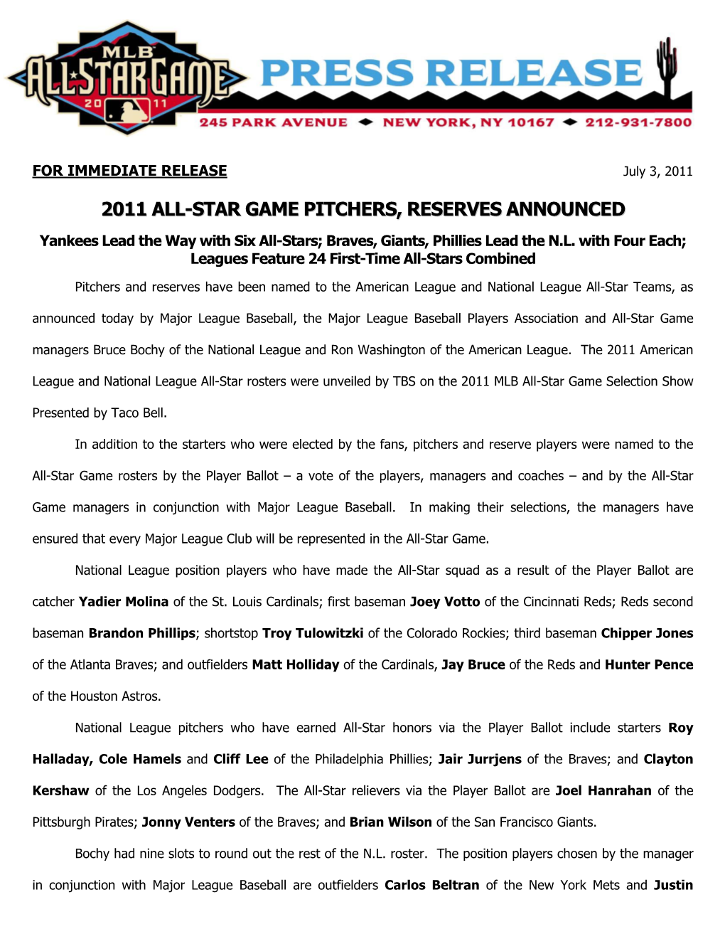 2011 All-Star Game Pitchers, Reserves Announced