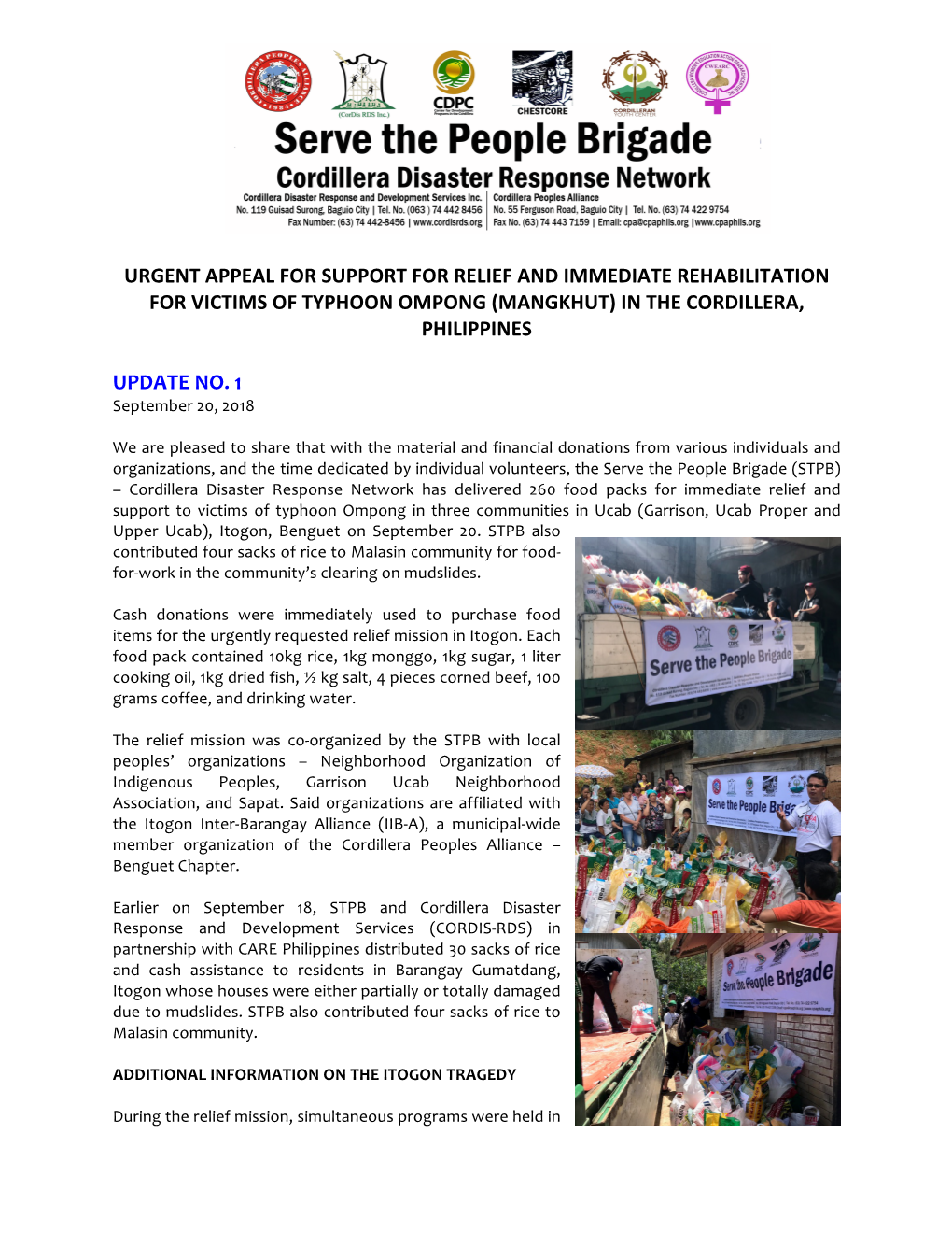 Urgent Appeal for Support for Relief and Immediate Rehabilitation for Victims of Typhoon Ompong (Mangkhut) in the Cordillera, Philippines