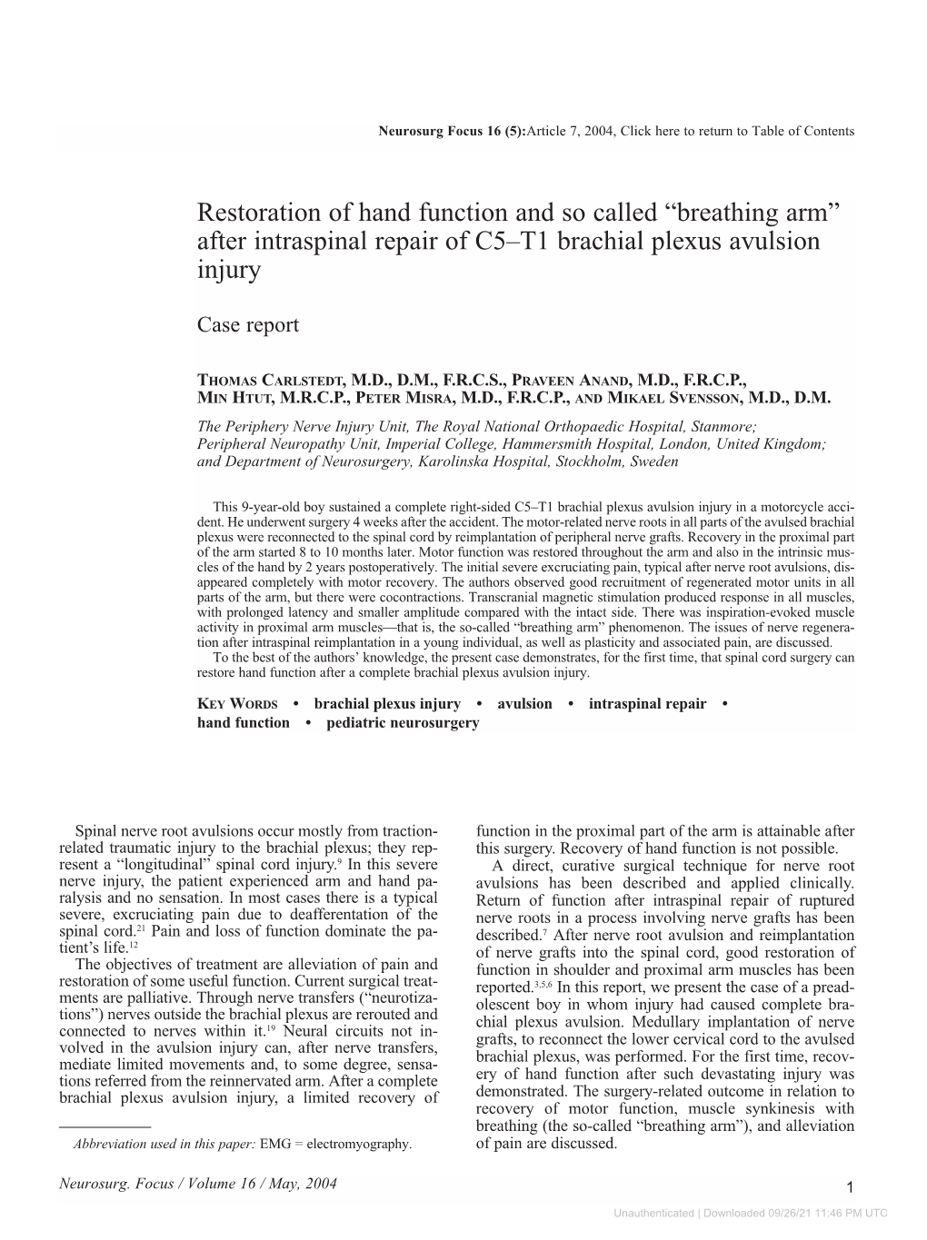 After Intraspinal Repair of C5–T1 Brachial Plexus Avulsion Injury