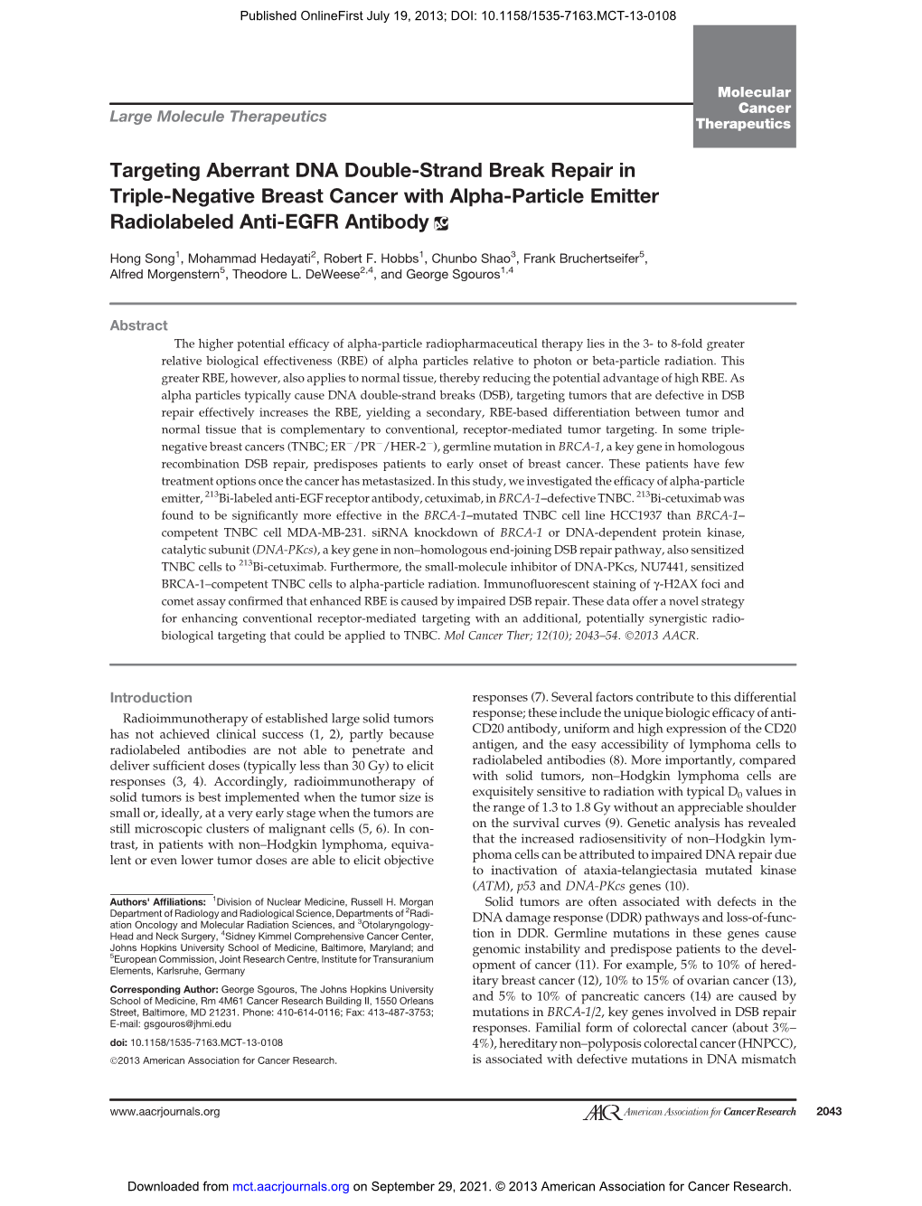 Targeting Aberrant DNA Double-Strand Break Repair in Triple-Negative Breast Cancer with Alpha-Particle Emitter Radiolabeled Anti-EGFR Antibody