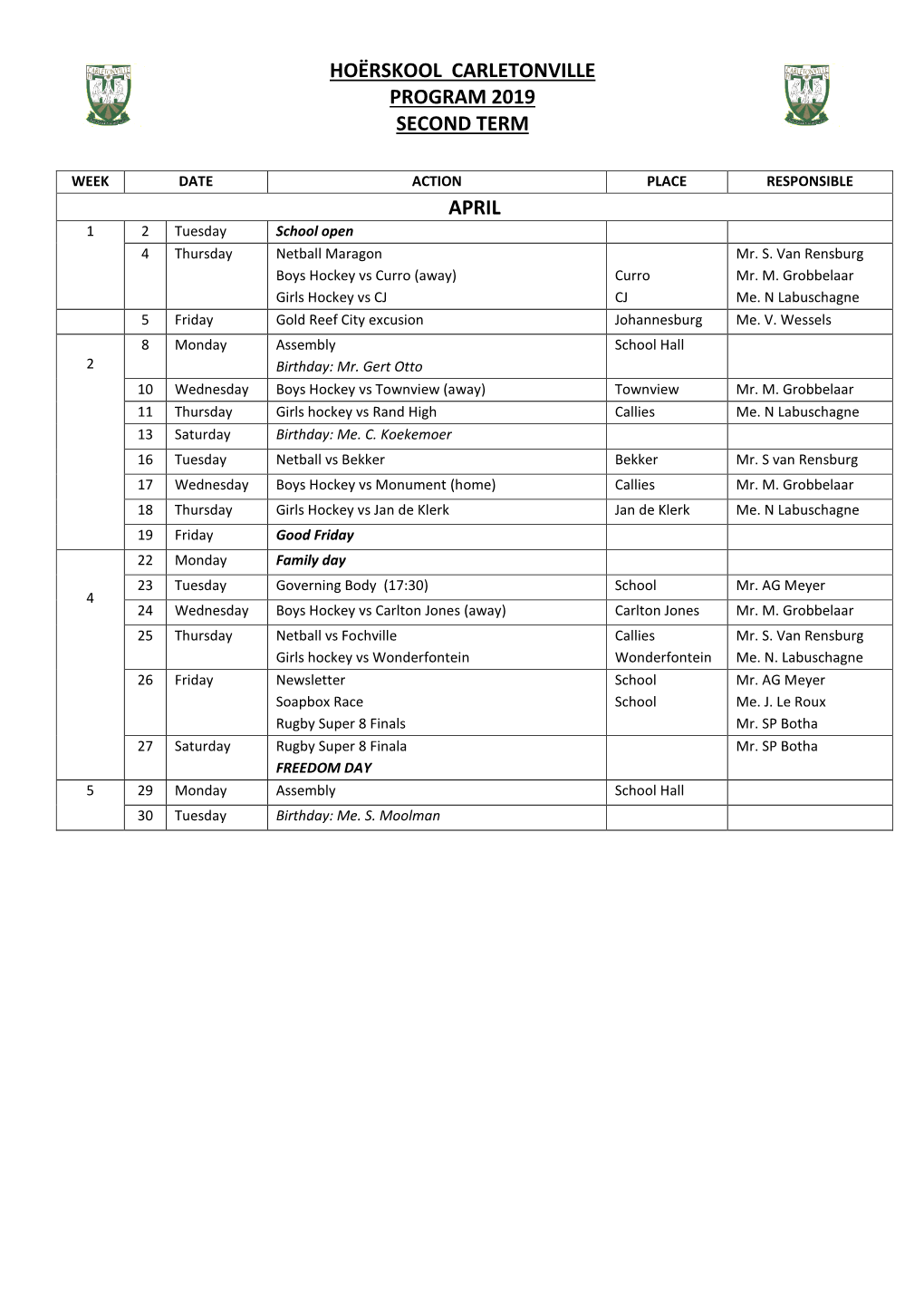 Hoërskool Carletonville Program 2019 Second Term