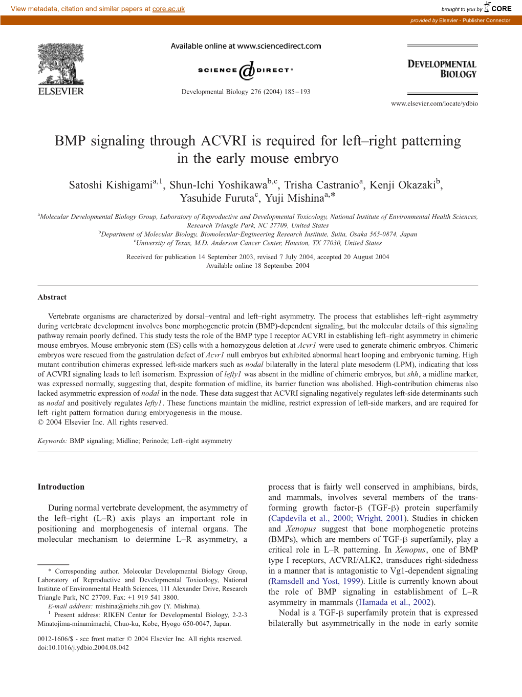 BMP Signaling Through ACVRI Is Required for Left–Right Patterning in the Early Mouse Embryo