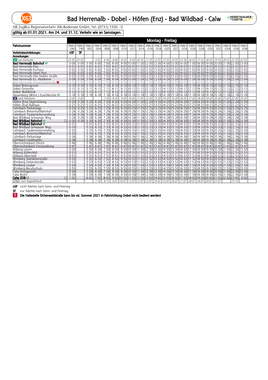 Dobel - Höfen (Enz) - Bad Wildbad - Calw HERR NALBER X63 LINI N DB Zugbus Regionalverkehr Alb-Bodensee Gmbh; Tel: (0731) 1550 - 0 Gültig Ab 01.01.2021