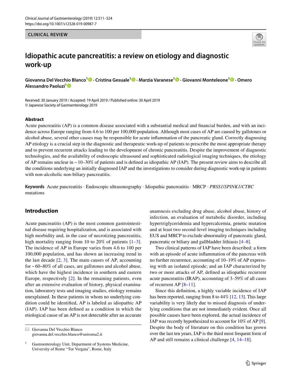 Idiopathic Acute Pancreatitis: a Review on Etiology and Diagnostic Work-Up