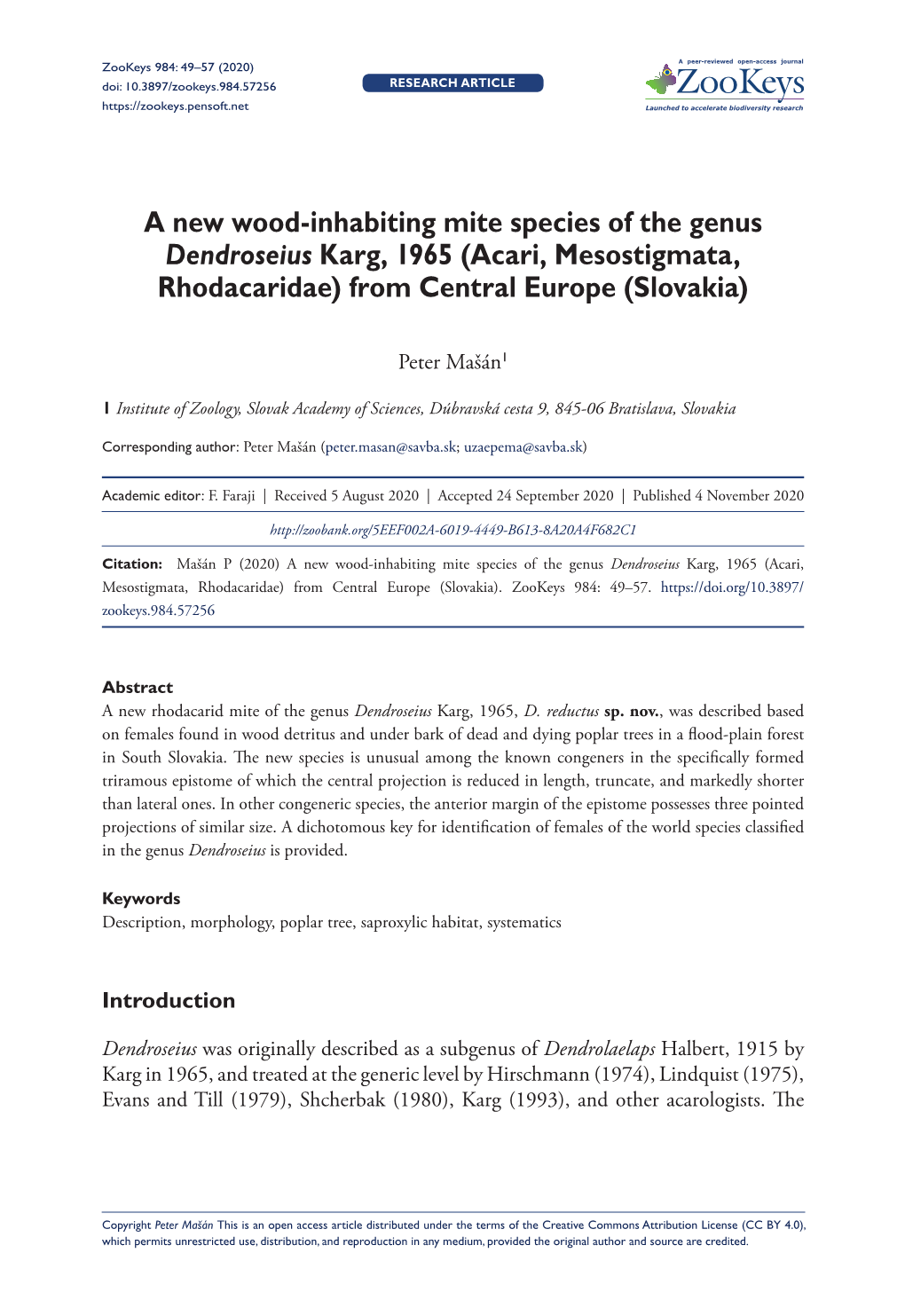 A New Wood-Inhabiting Mite Species of the Genus Dendroseius Karg, 1965 (Acari, Mesostigmata, Rhodacaridae) from Central Europe (Slovakia)