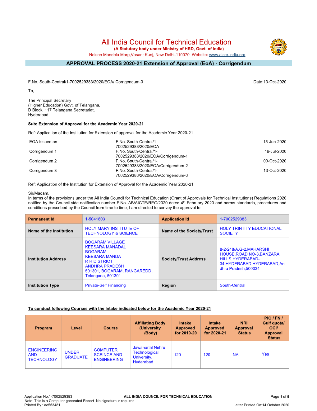 All India Council for Technical Education (A Statutory Body Under Ministry of HRD, Govt