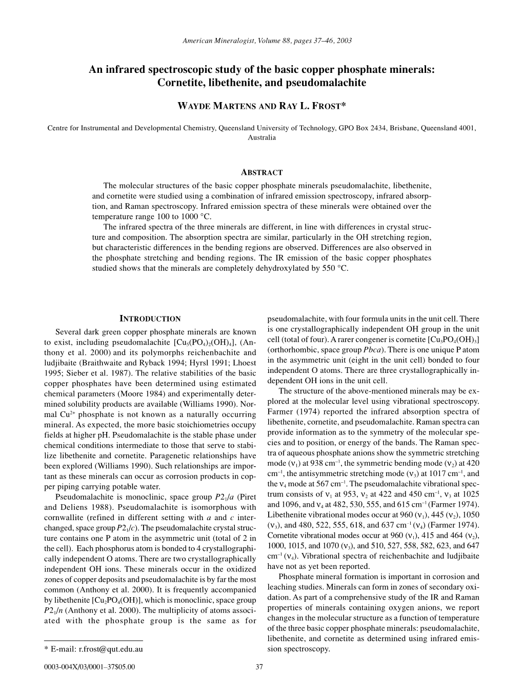 An Infrared Spectroscopic Study of the Basic Copper Phosphate Minerals: Cornetite, Libethenite, and Pseudomalachite